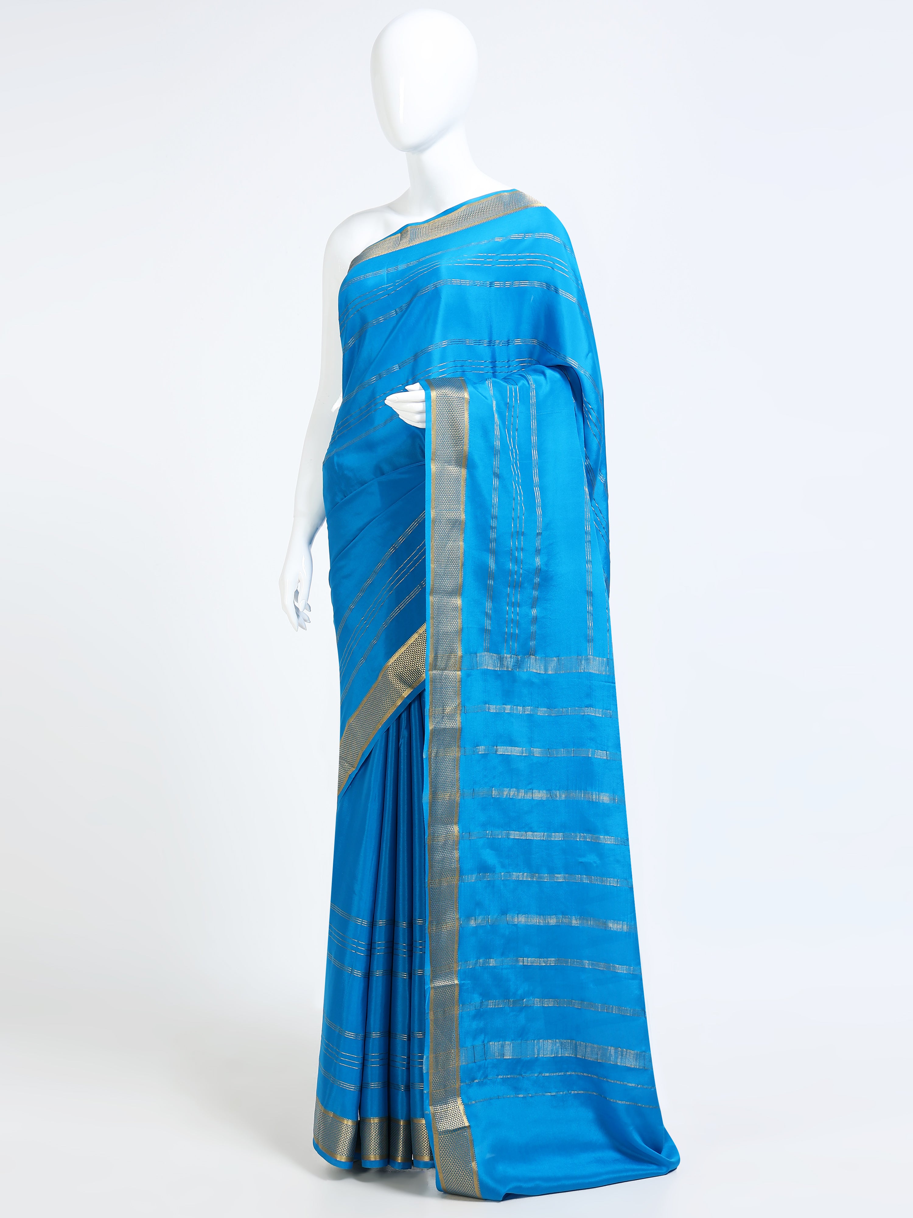Sky Blue Mysore Crepe Pure Silk Saree with Silver Zari Dash Motifs & Geometric Border