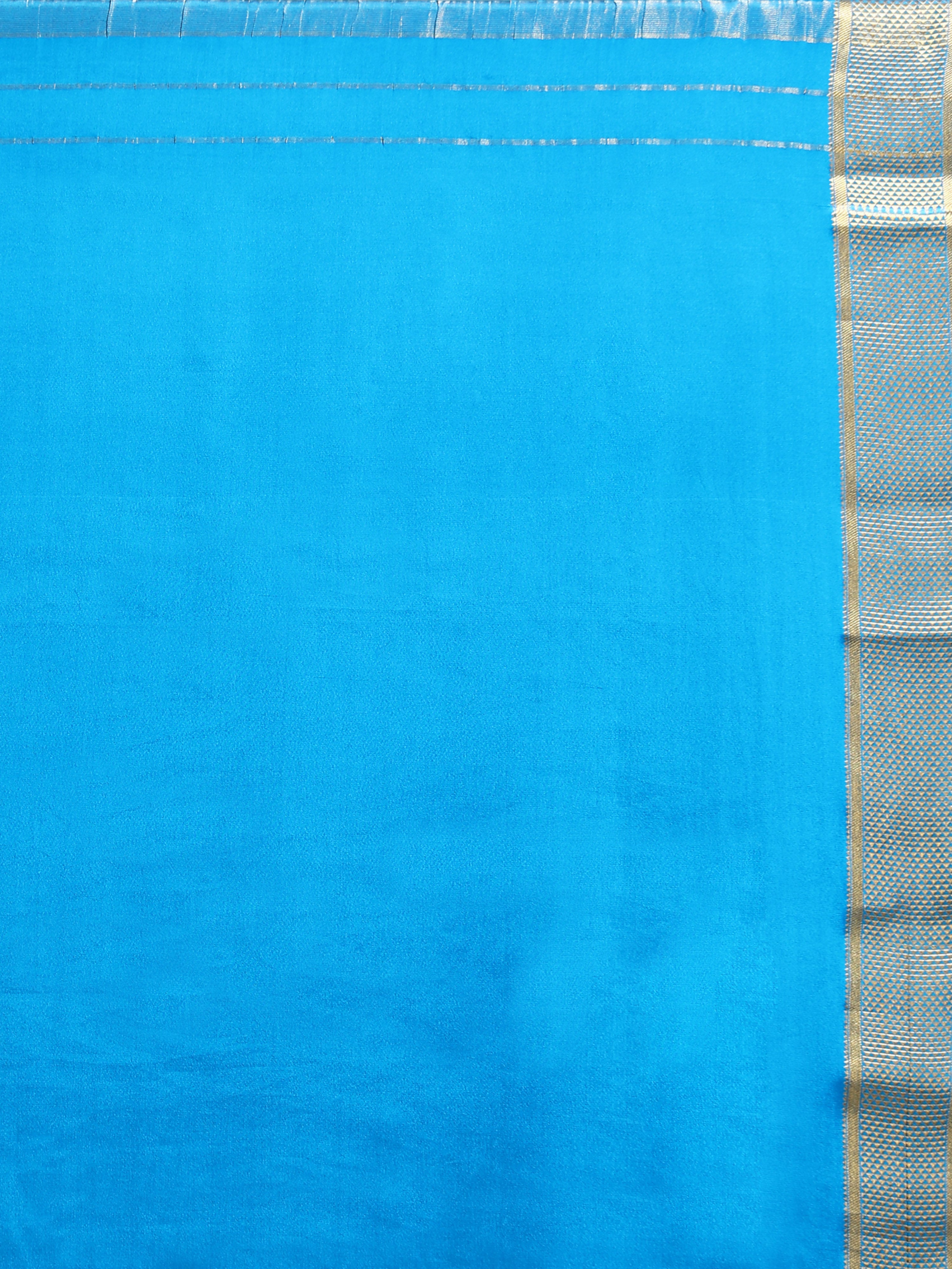 Sky Blue Mysore Crepe Pure Silk Saree with Silver Zari Dash Motifs & Geometric Border