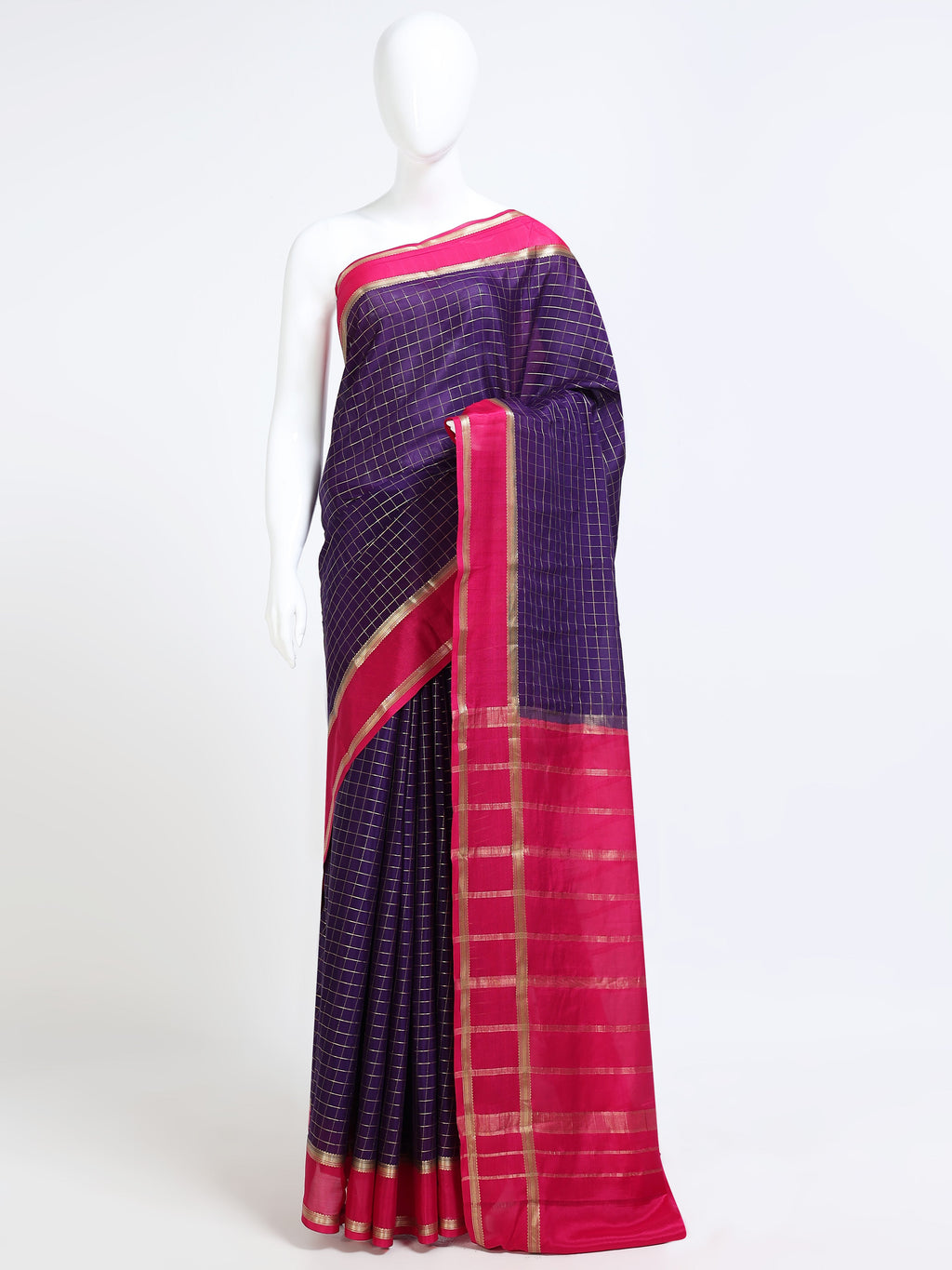 Navy Blue Mysore Crepe Pure Silk Saree with gold zari check body and contrast pink zari stripe pallu