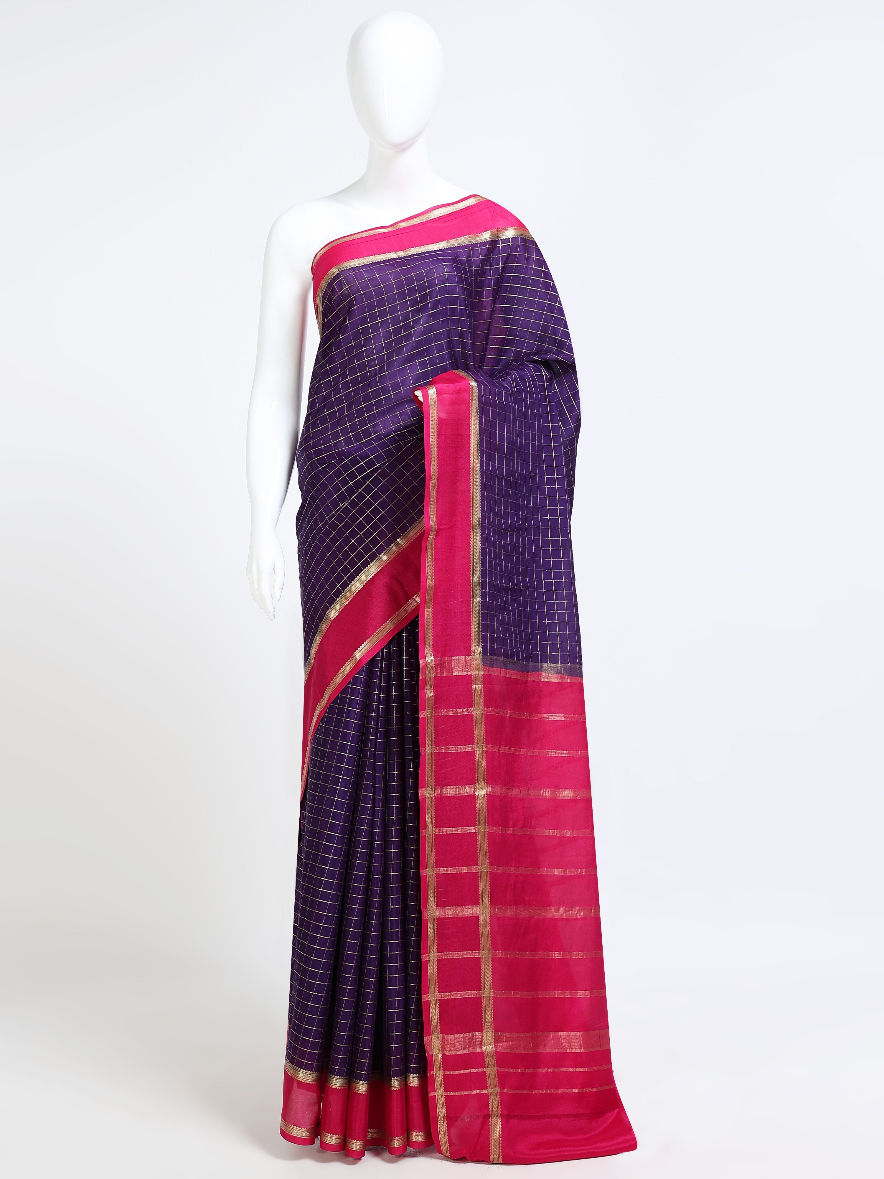 Navy Blue Mysore Crepe Pure Silk Saree with gold zari check body and contrast pink zari stripe pallu