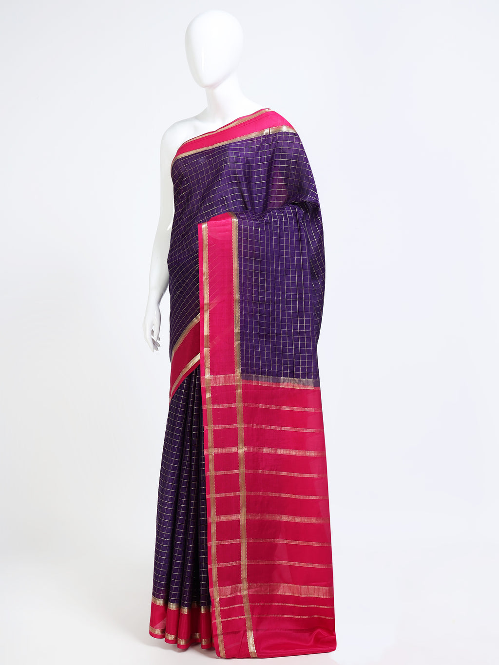 Navy Blue Mysore Crepe Pure Silk Saree with Gold Zari Check Body & Contrast Pink Zari Stripe Pallu