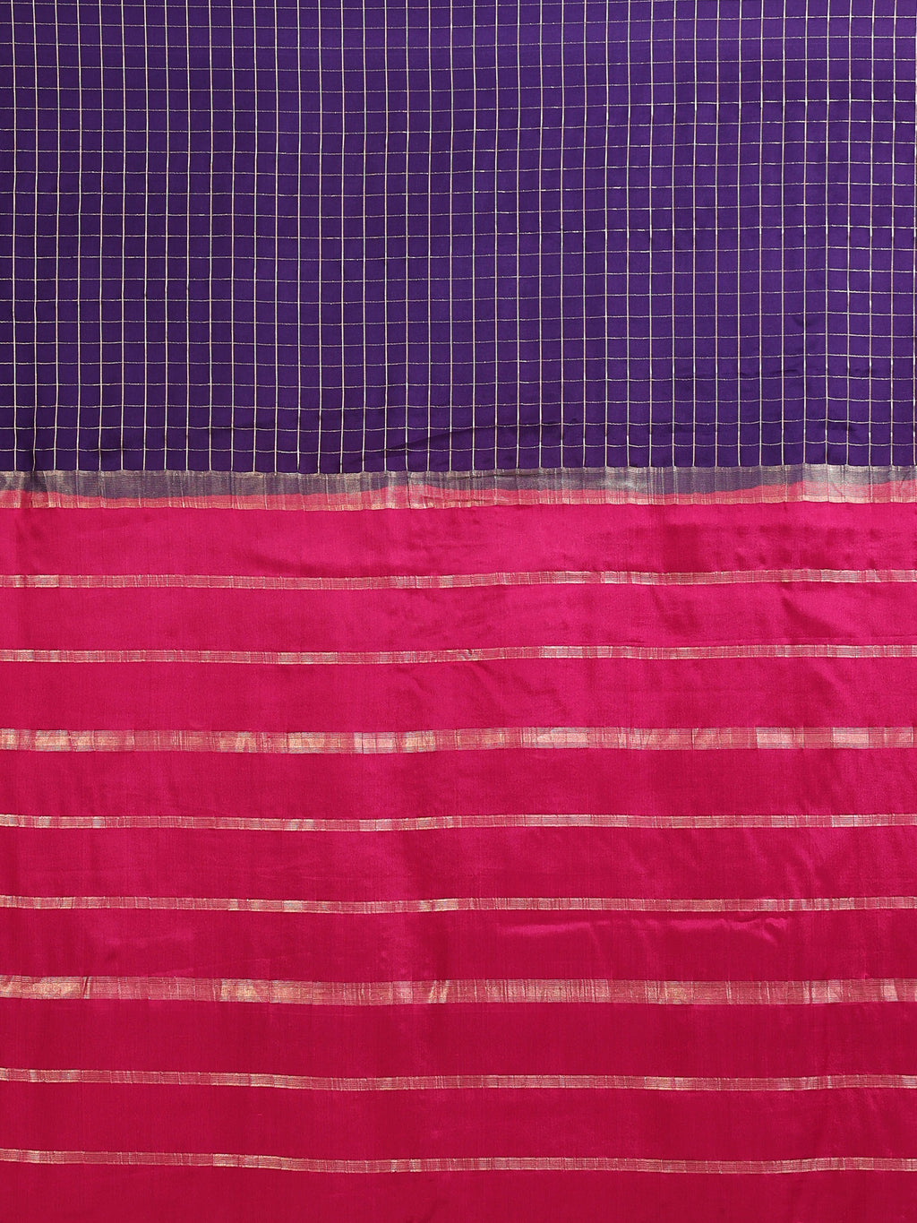 Navy Blue Mysore Crepe Pure Silk Saree with Gold Zari Check Body & Contrast Pink Zari Stripe Pallu