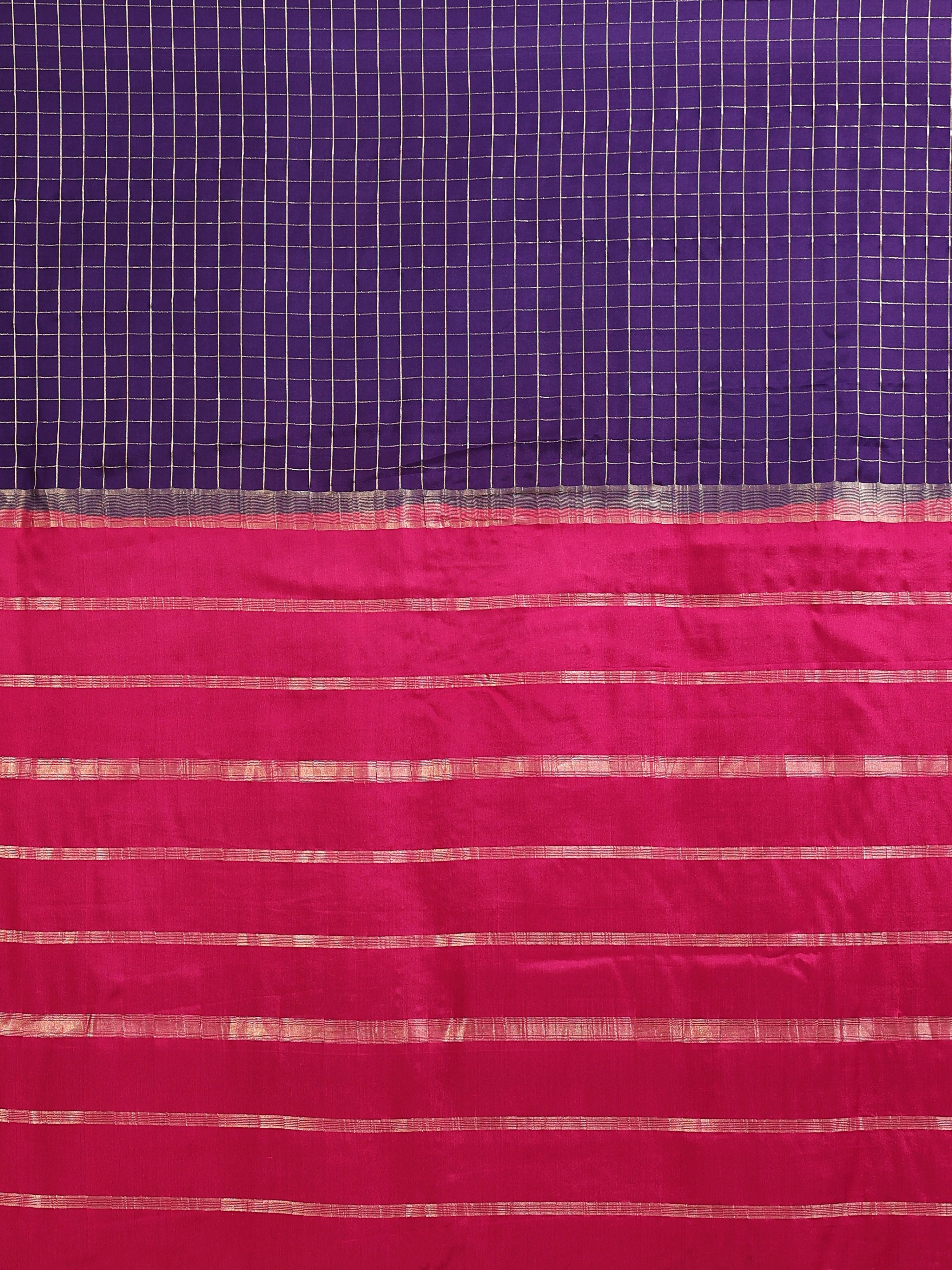 Navy Blue Mysore Crepe Pure Silk Saree with Gold Zari Check Body & Contrast Pink Zari Stripe Pallu
