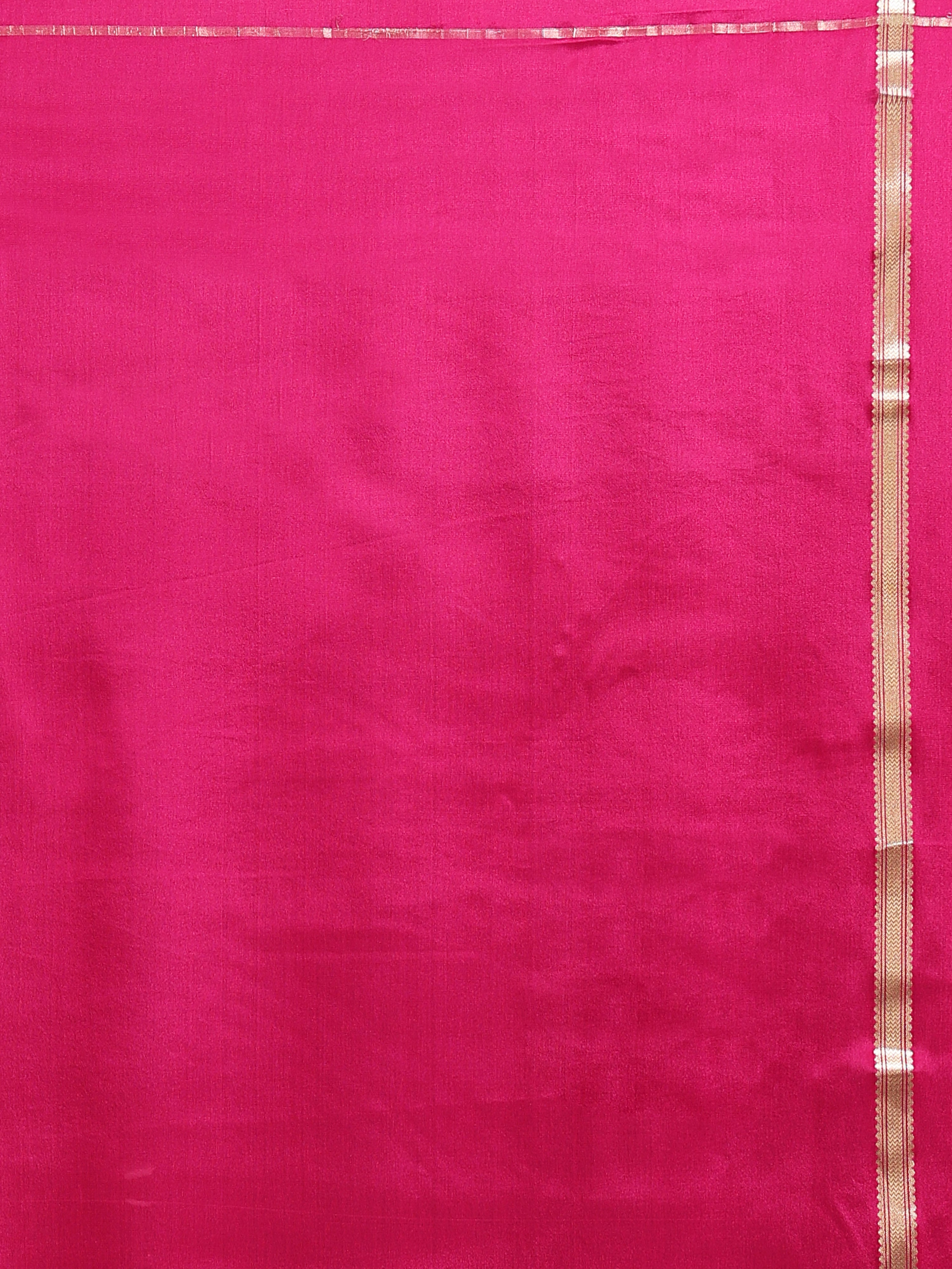 Navy Blue Mysore Crepe Pure Silk Saree with Gold Zari Check Body & Contrast Pink Zari Stripe Pallu