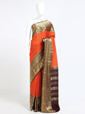 Orange Mysore Crepe Pure Silk Saree with gold zari check body and contrast dark brown zari stripe pallu - front view