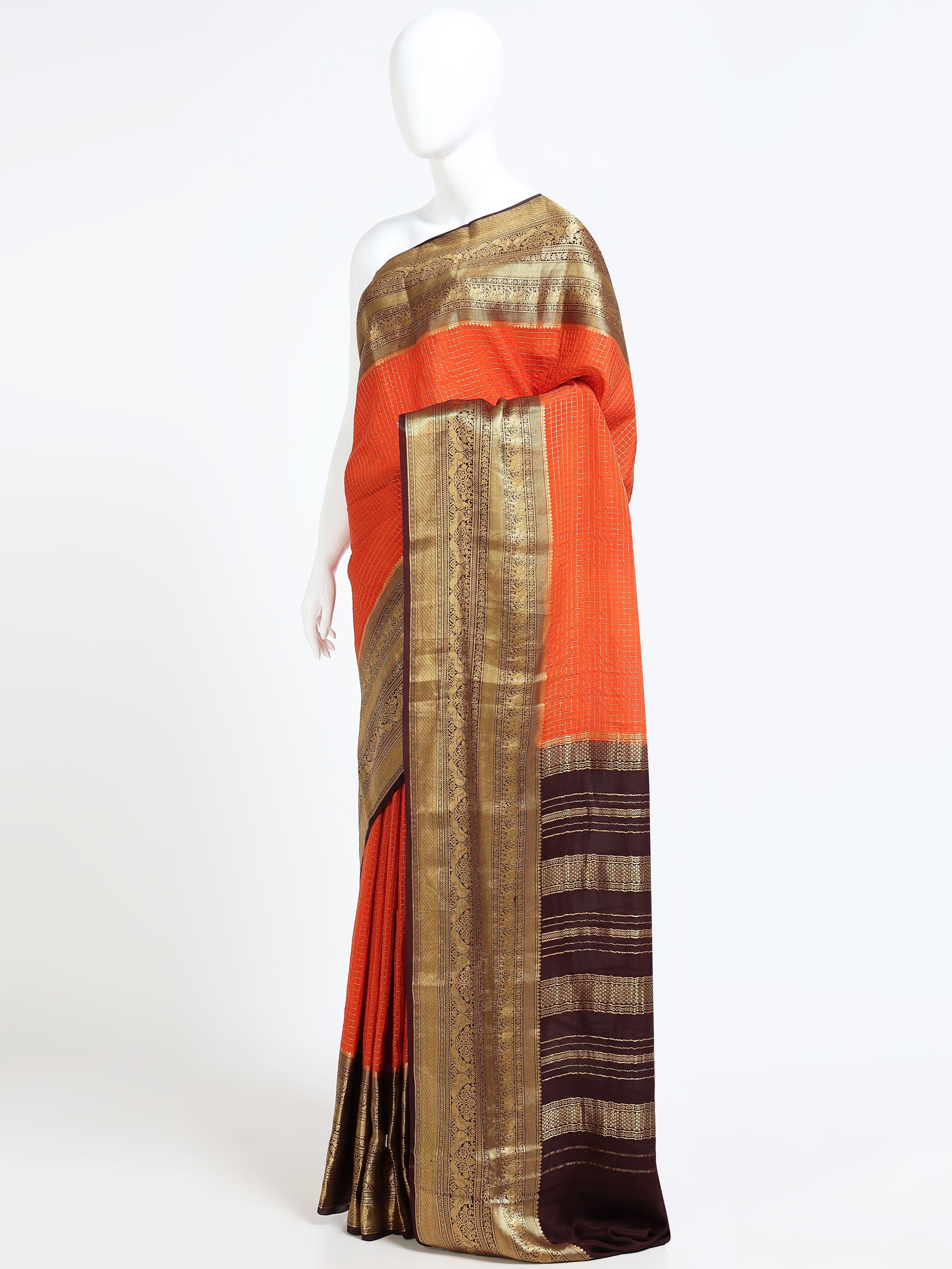 Orange Mysore Crepe Pure Silk Saree with contrast dark brown zari pallu - side view