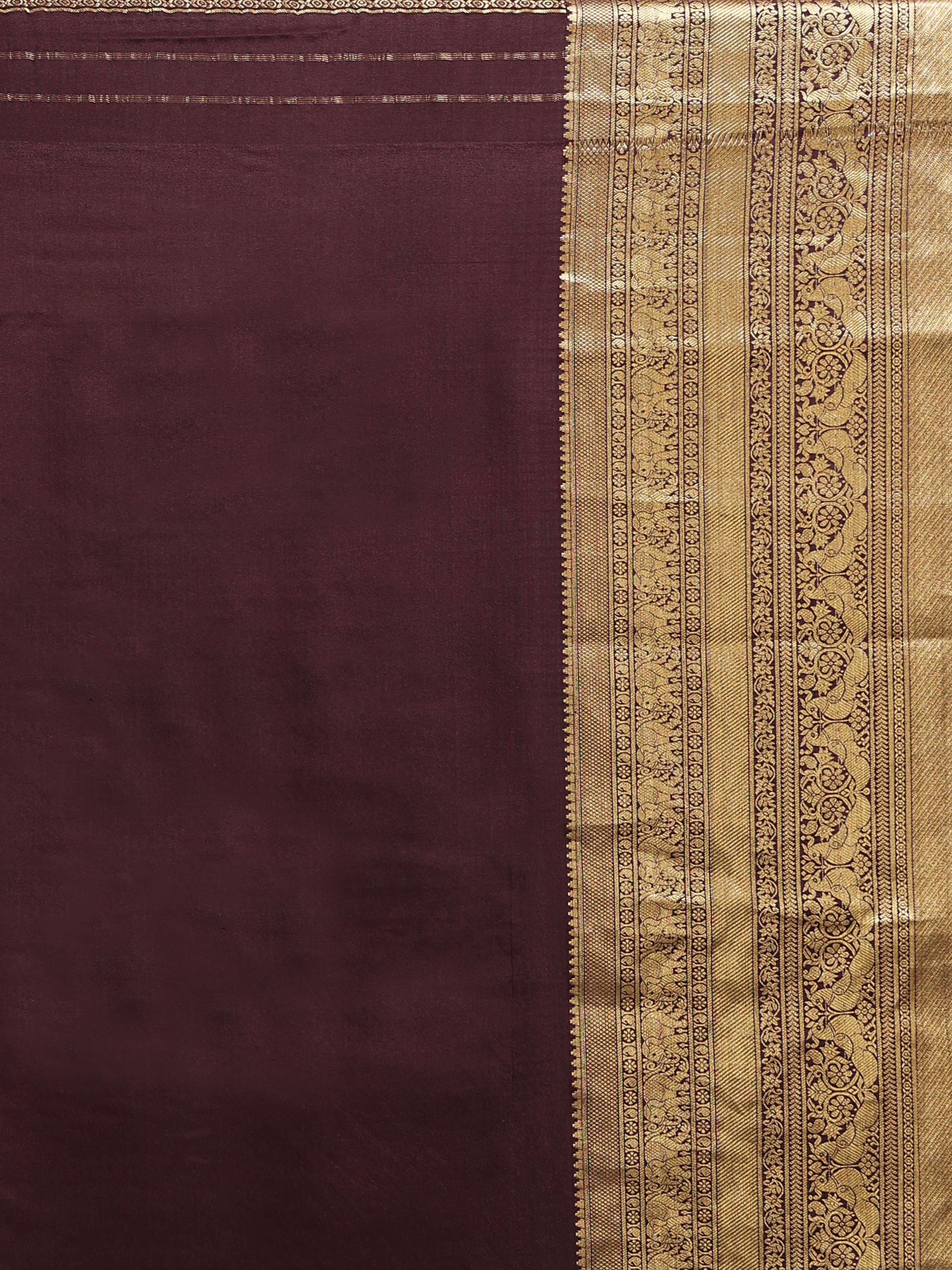 Close up of dark brown blouse piece with wide antique gold zari floral scrollwork border