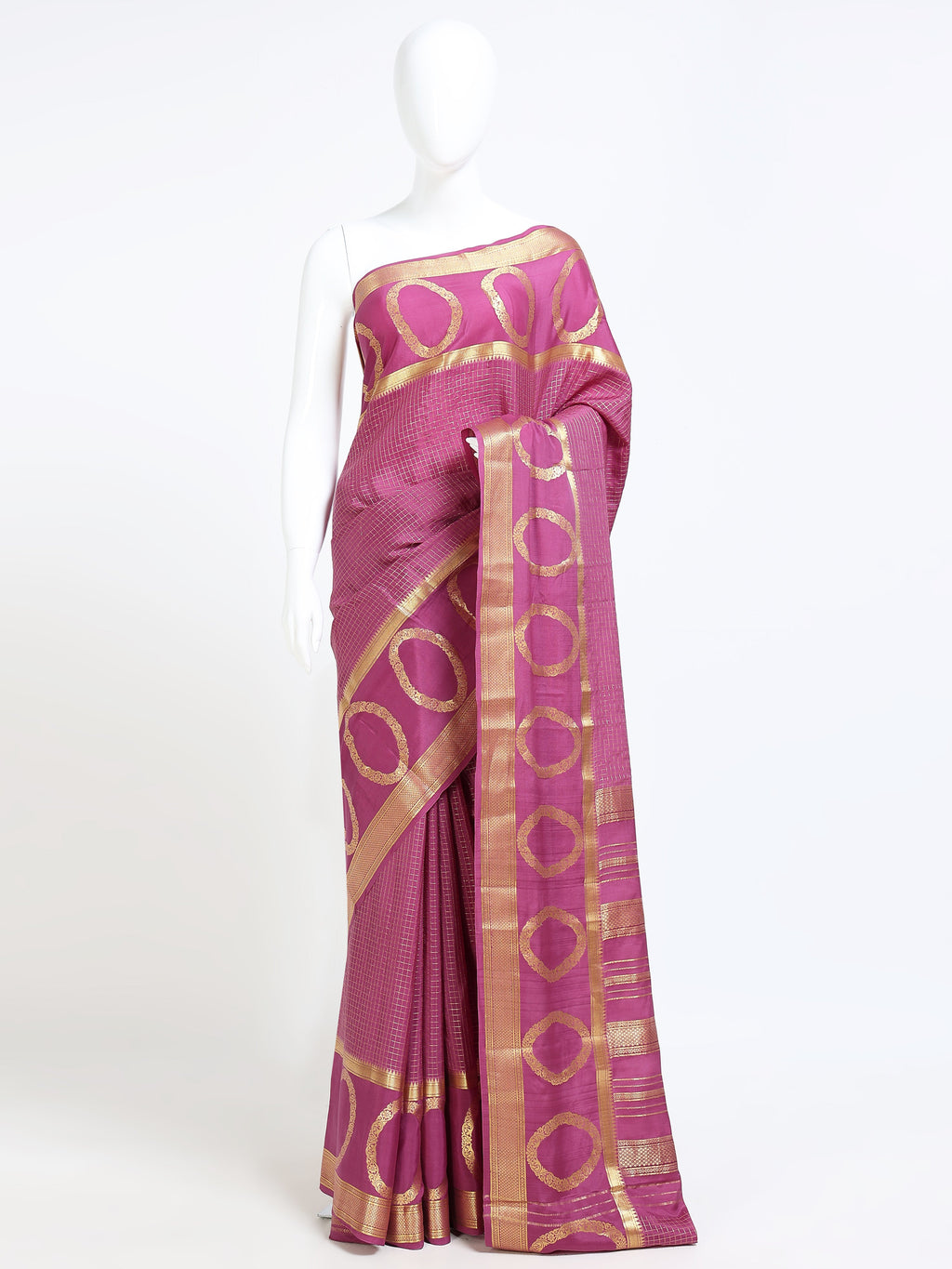 Mauve Pink Mysore Crepe Pure Silk Saree with gold zari check body and oval motif border - mannequin front view
