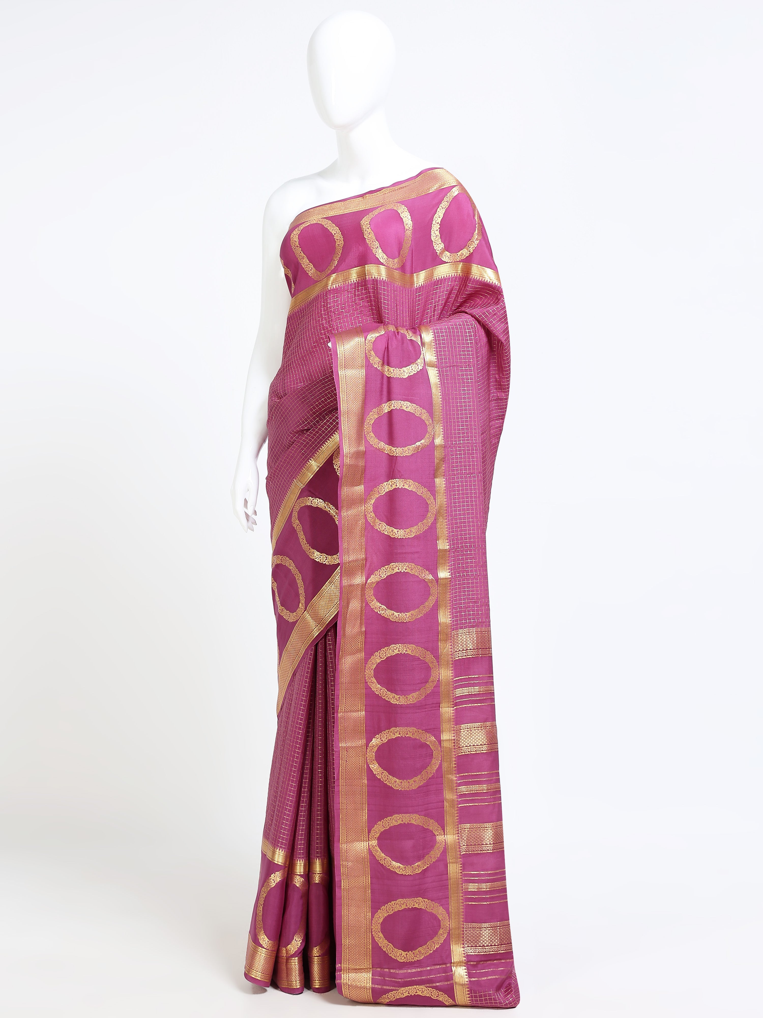 Mauve Pink Mysore Crepe Pure Silk Saree with oval motif border - mannequin side view