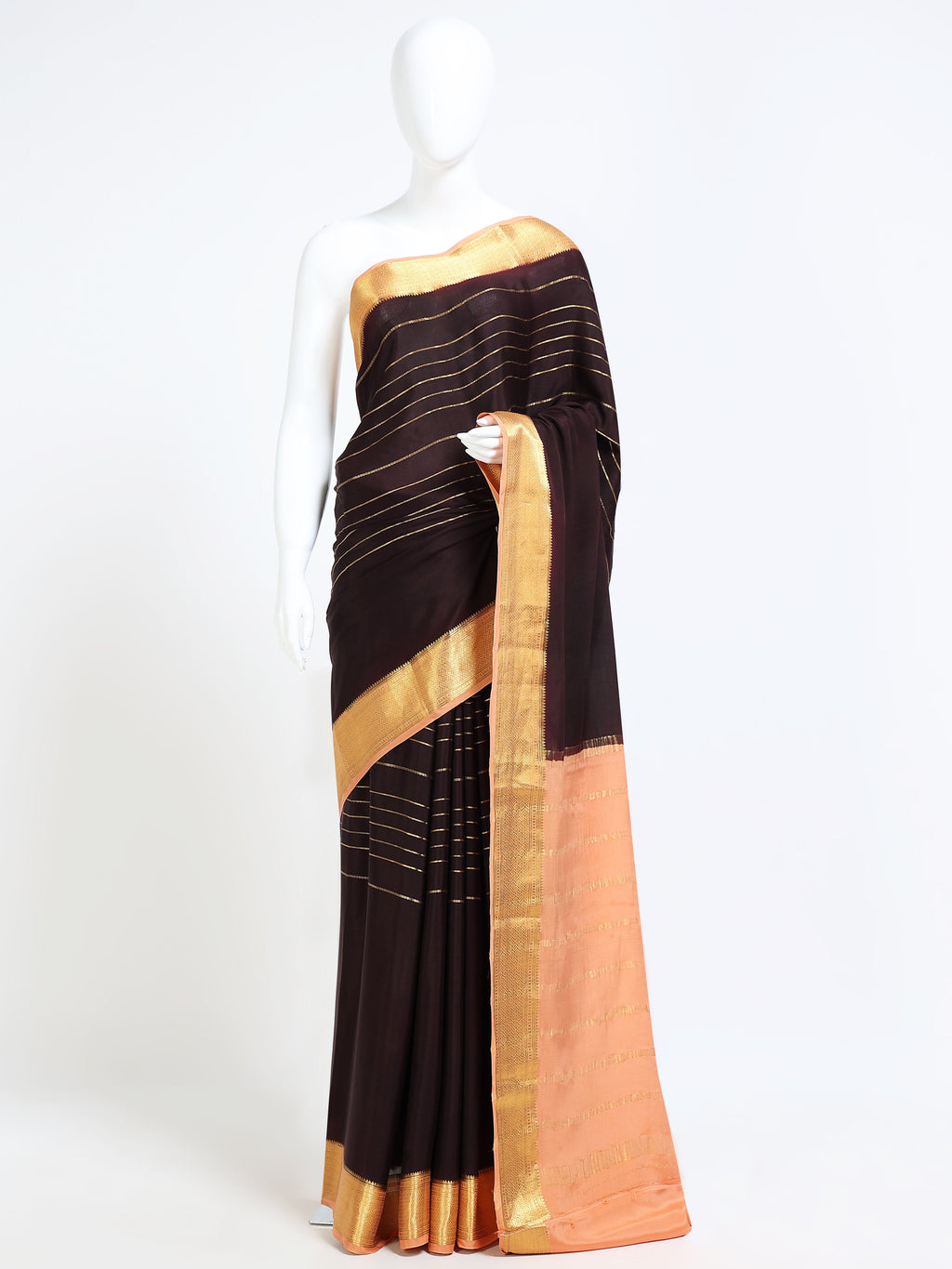 Dark Brown Mysore Crepe Pure Silk Saree with gold zari vertical stripes and contrast peach pallu - mannequin front view