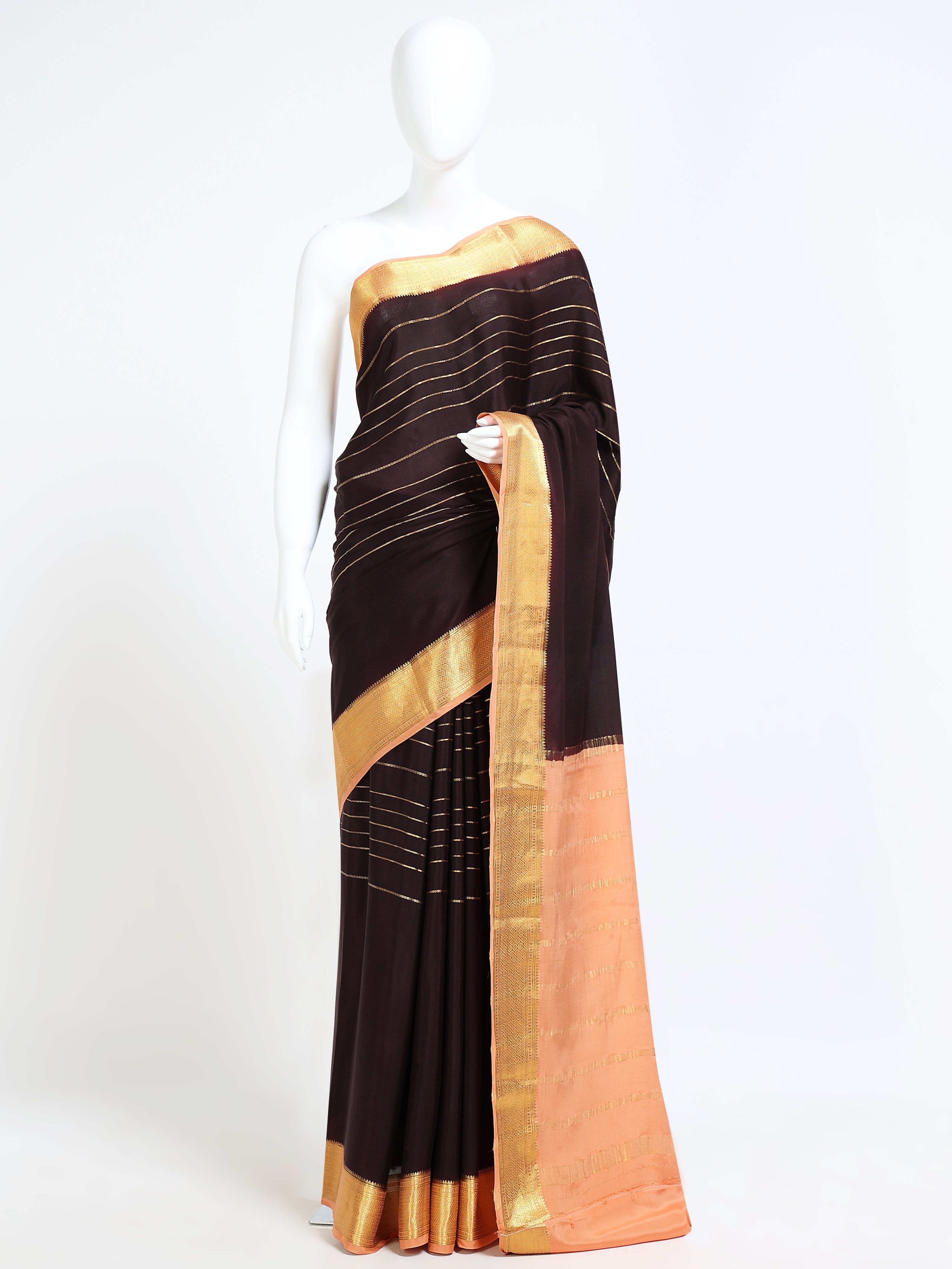Dark Brown Mysore Crepe Pure Silk Saree with gold zari vertical stripes and contrast peach pallu - mannequin front view