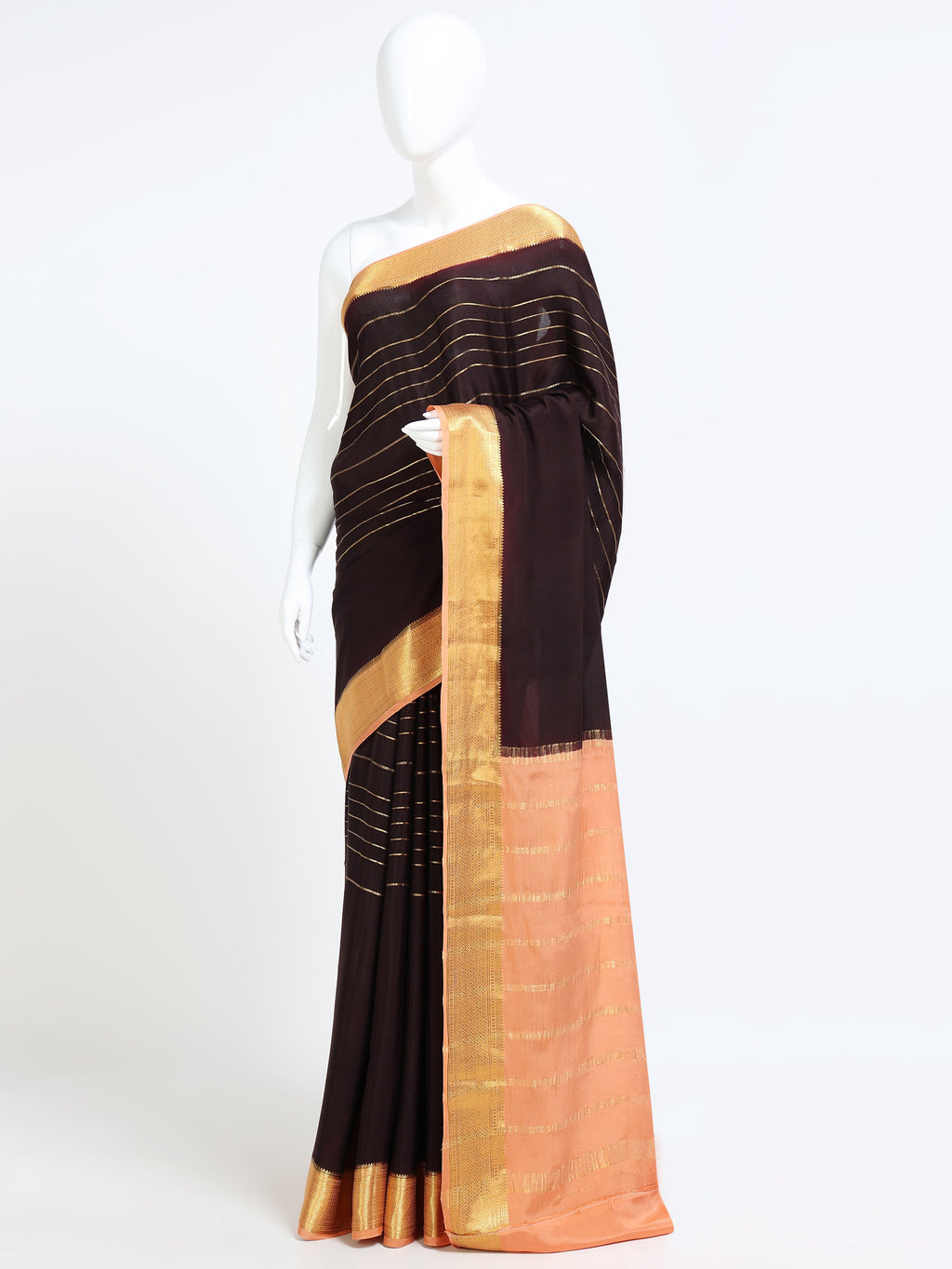 Dark Brown Mysore Crepe Pure Silk Saree with contrast peach pallu - mannequin side view