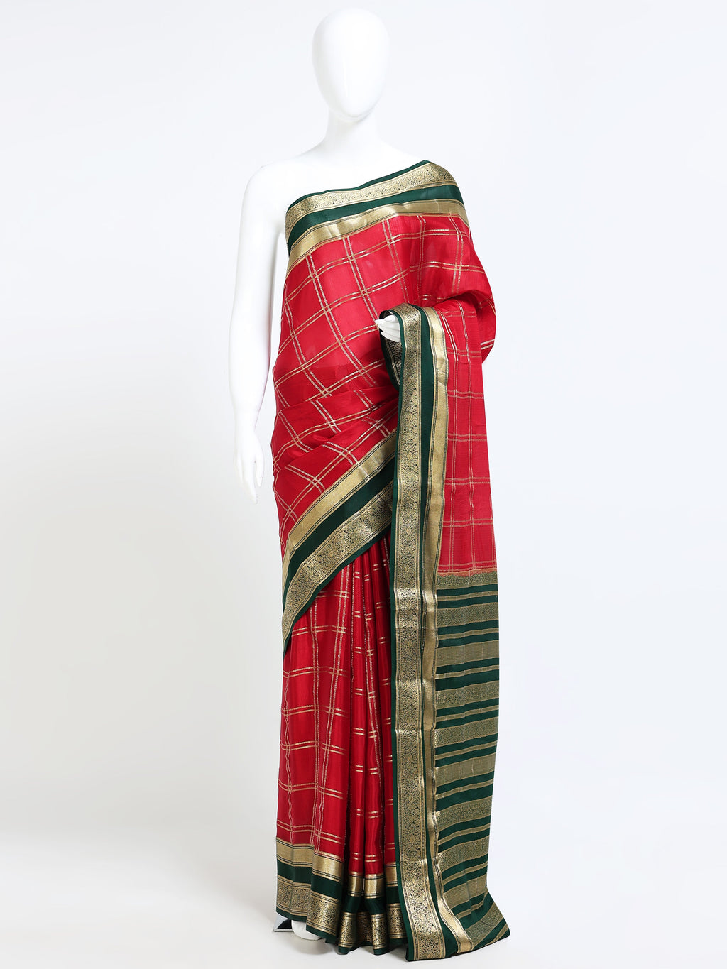 Crimson Red Mysore Crepe Pure Silk Saree with gold zari large check body and contrast green zari pallu - mannequin front view