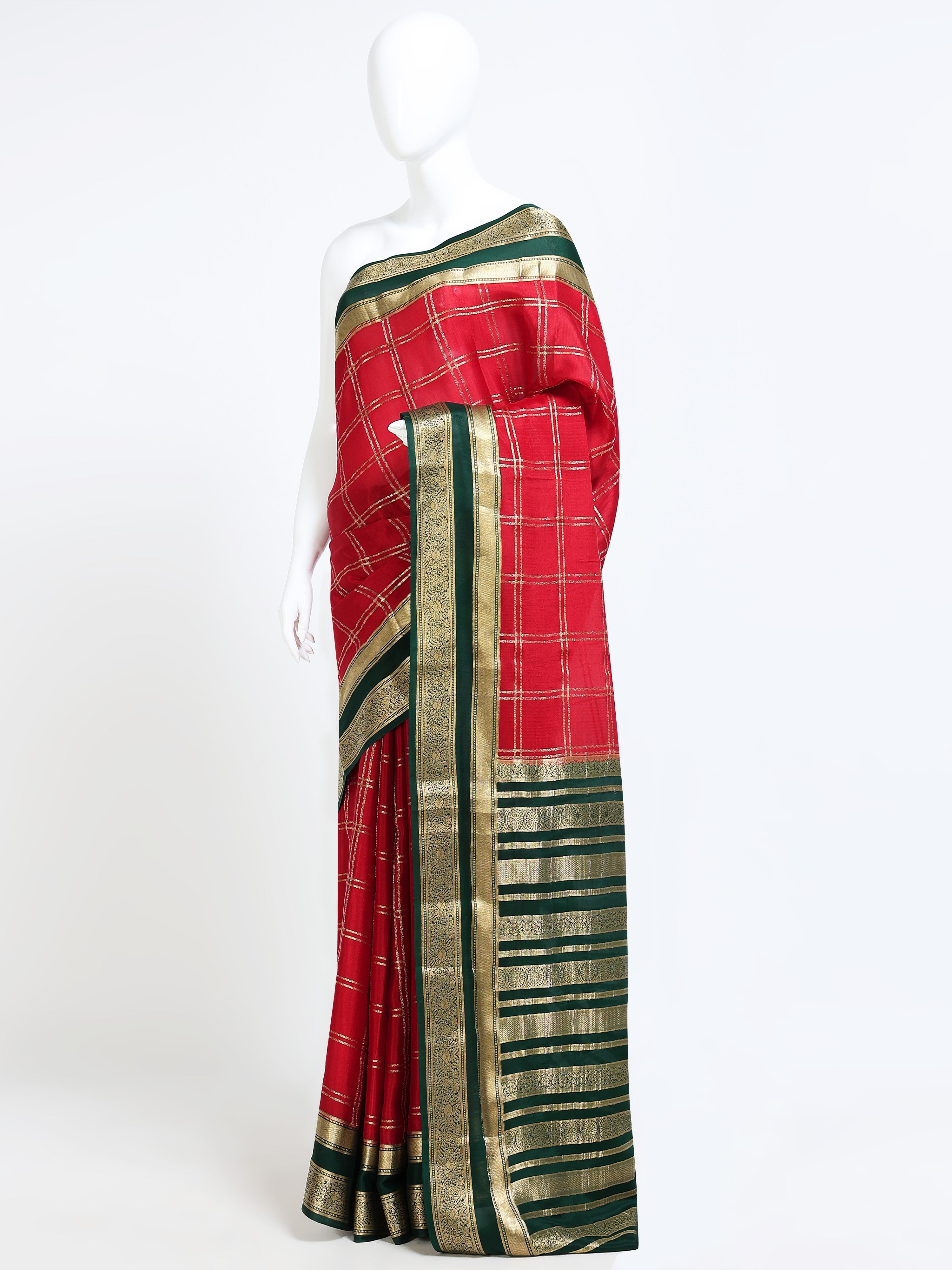 Crimson Red Mysore Crepe Pure Silk Saree with contrast green zari pallu - mannequin side view