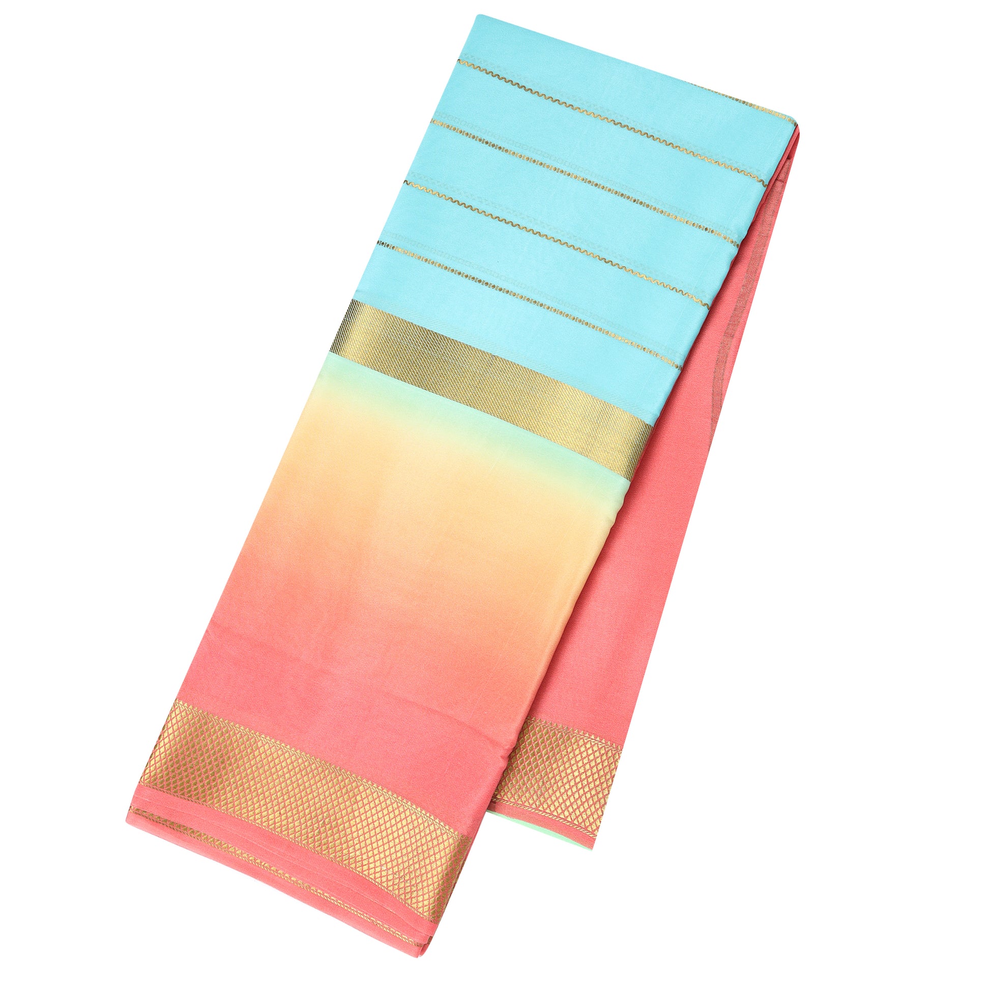 Aqua blue ombre Mysore crepe silk saree with golden stripes from Akshaya Lakshmi Silks

