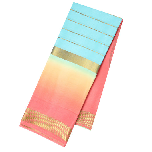 Aqua blue ombre Mysore crepe silk saree with golden stripes from Akshaya Lakshmi Silks
