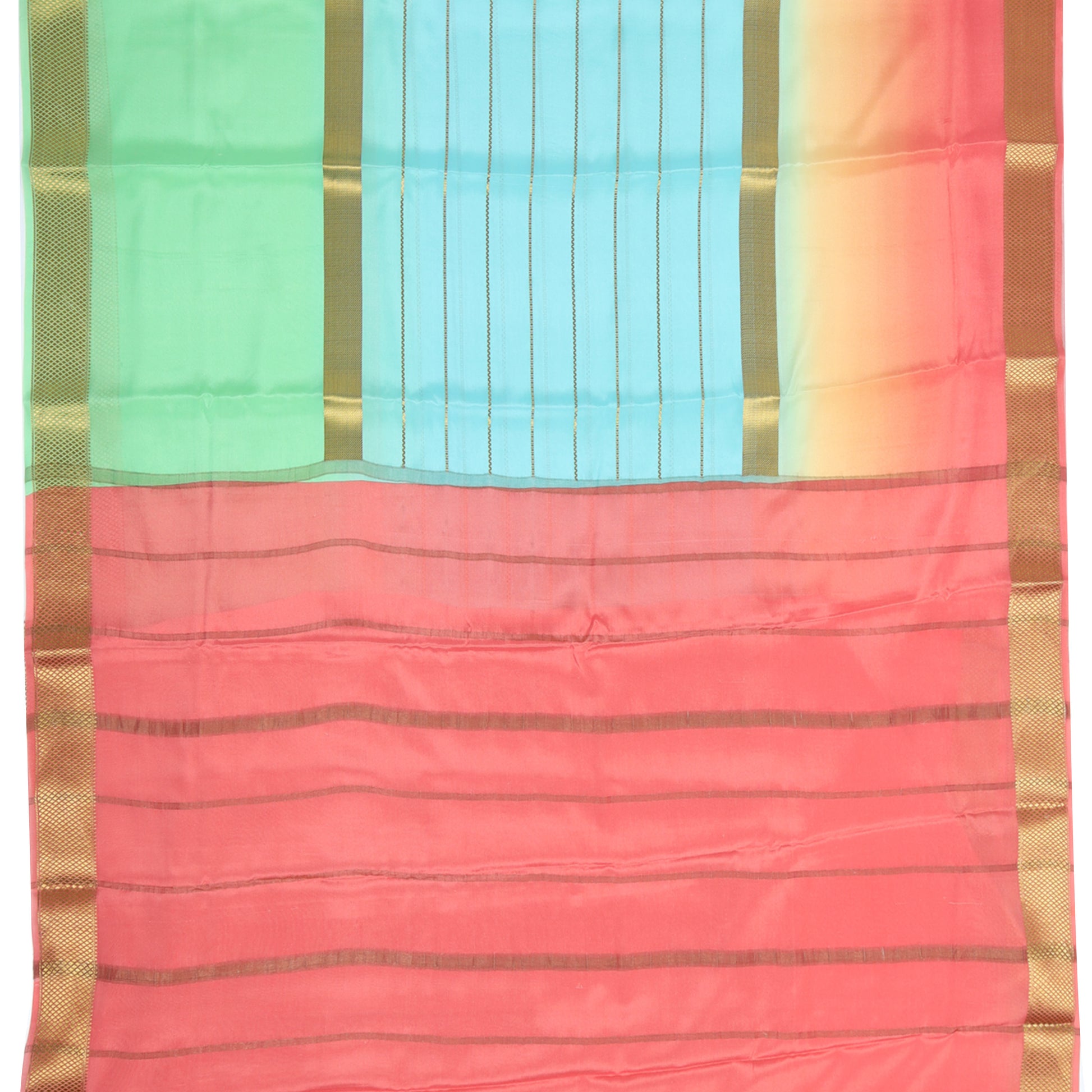 Aqua blue ombre Mysore crepe silk saree with golden stripes from Akshaya Lakshmi Silks