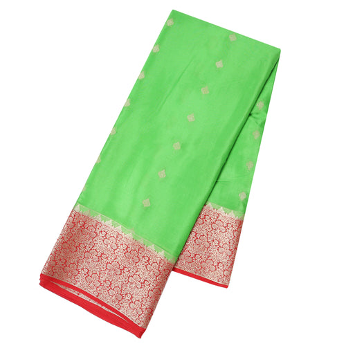 Parrot Green Mysore Crepe Silk Saree – front view draped on mannequin