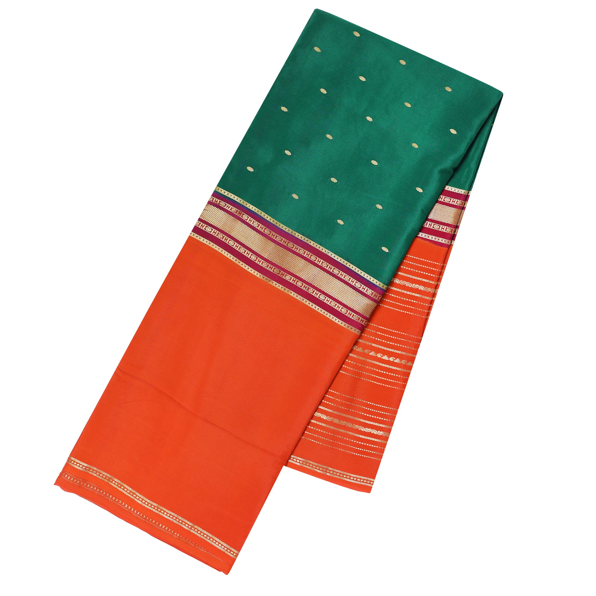 Emerald green and orange Mysore crepe pure silk saree with elegant finish