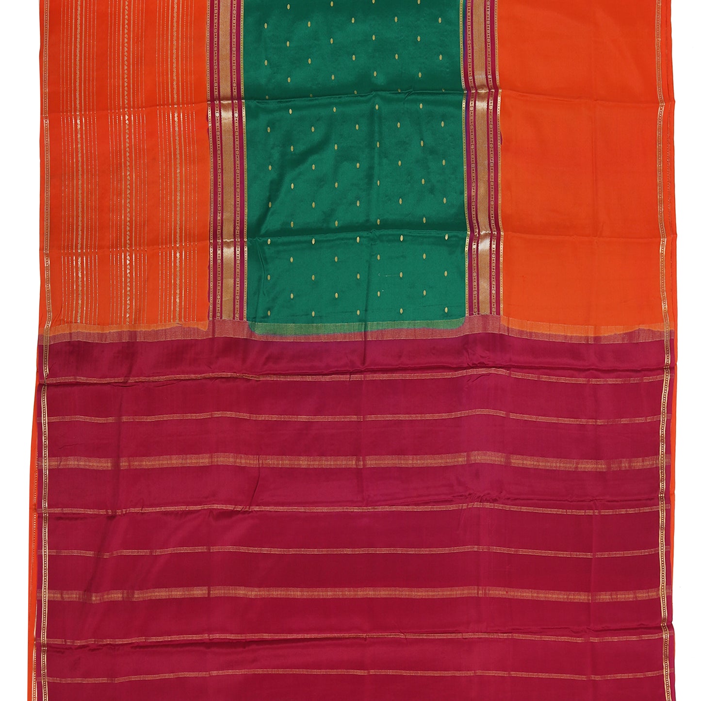 Emerald green and orange Mysore crepe pure silk saree with elegant finish