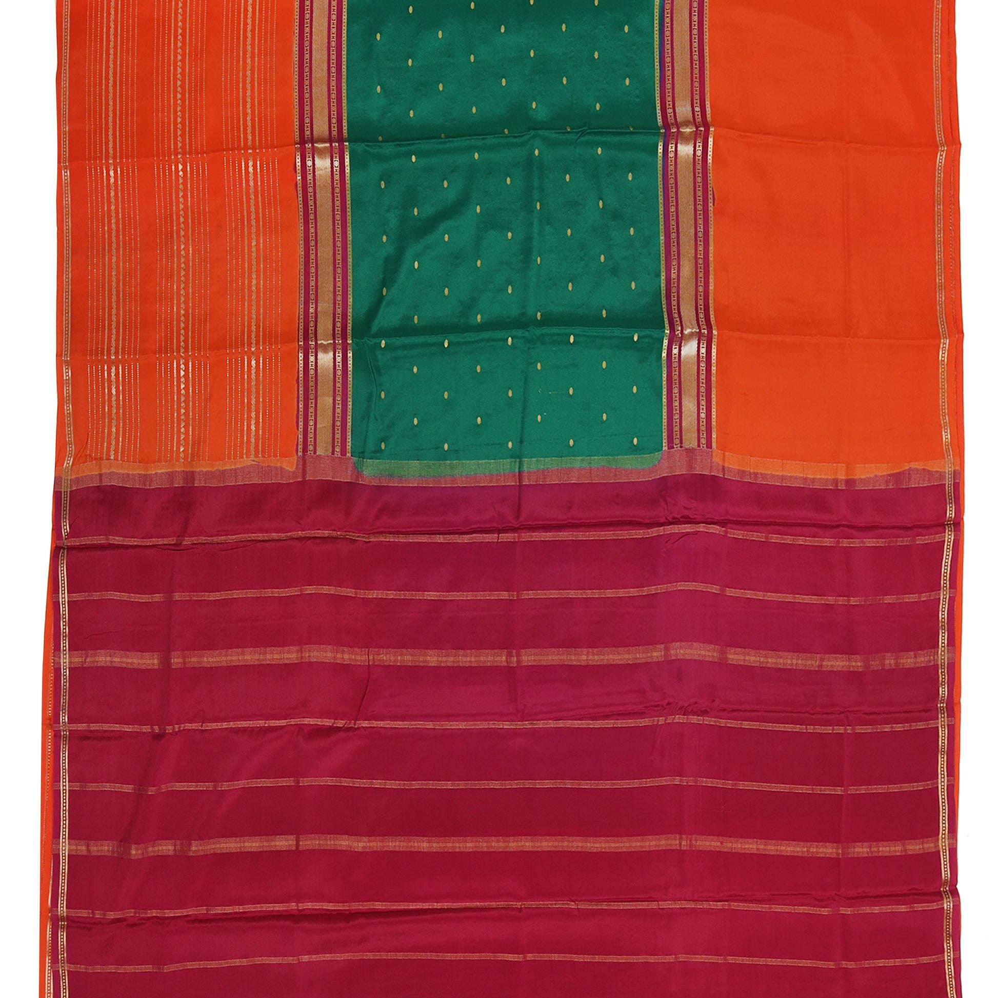 Emerald green and orange Mysore crepe pure silk saree with elegant finish