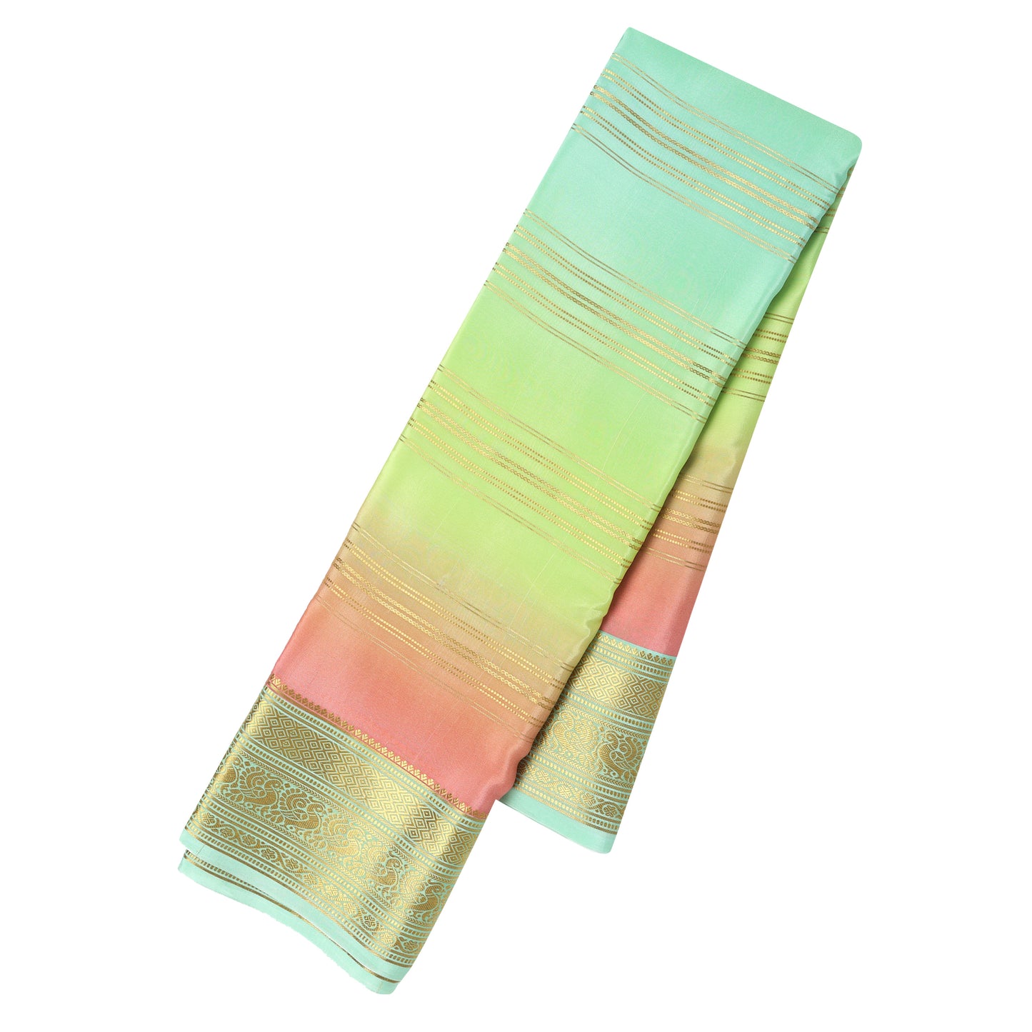 Mint green and lemon yellow Mysore crepe pure silk saree with ombre 5D stripes