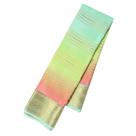 Mint green and lemon yellow Mysore crepe pure silk saree with ombre 5D stripes