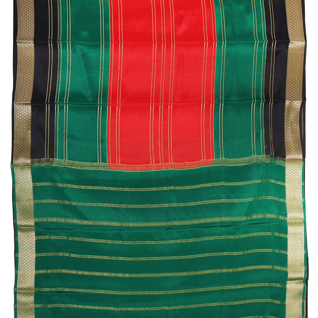 Red and green Mysore crepe pure silk saree with striped design