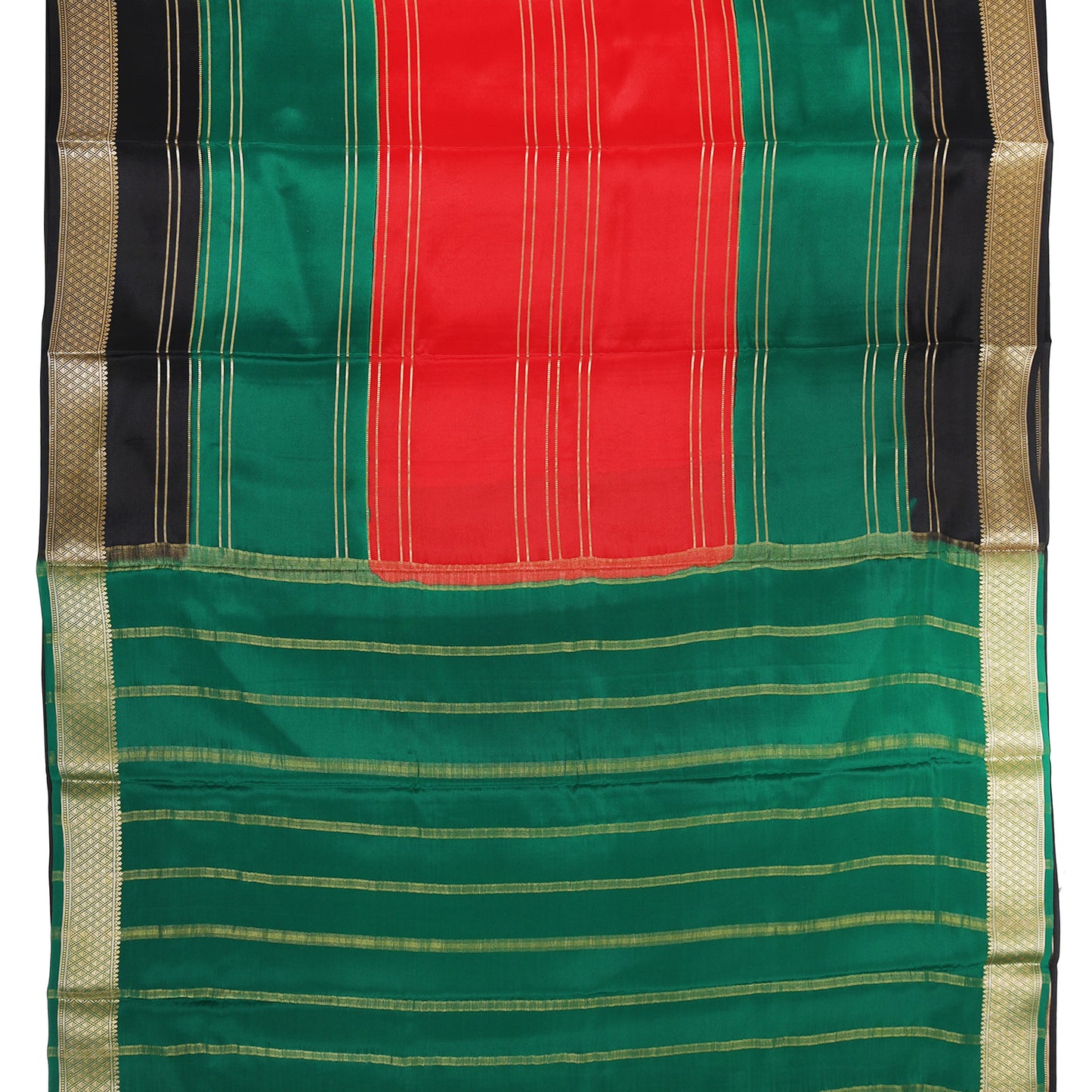 Red and green Mysore crepe pure silk saree with striped design