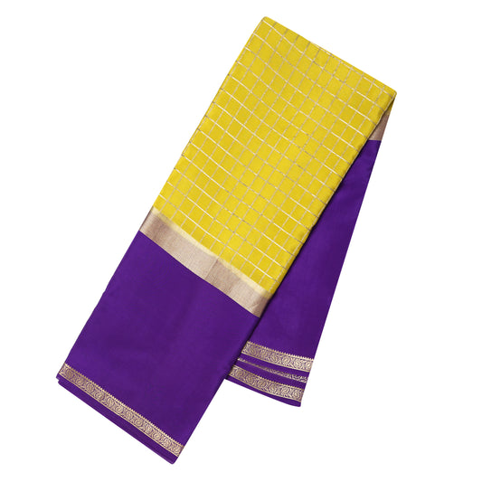 Purple and mustard yellow checkered Mysore crepe pure silk saree