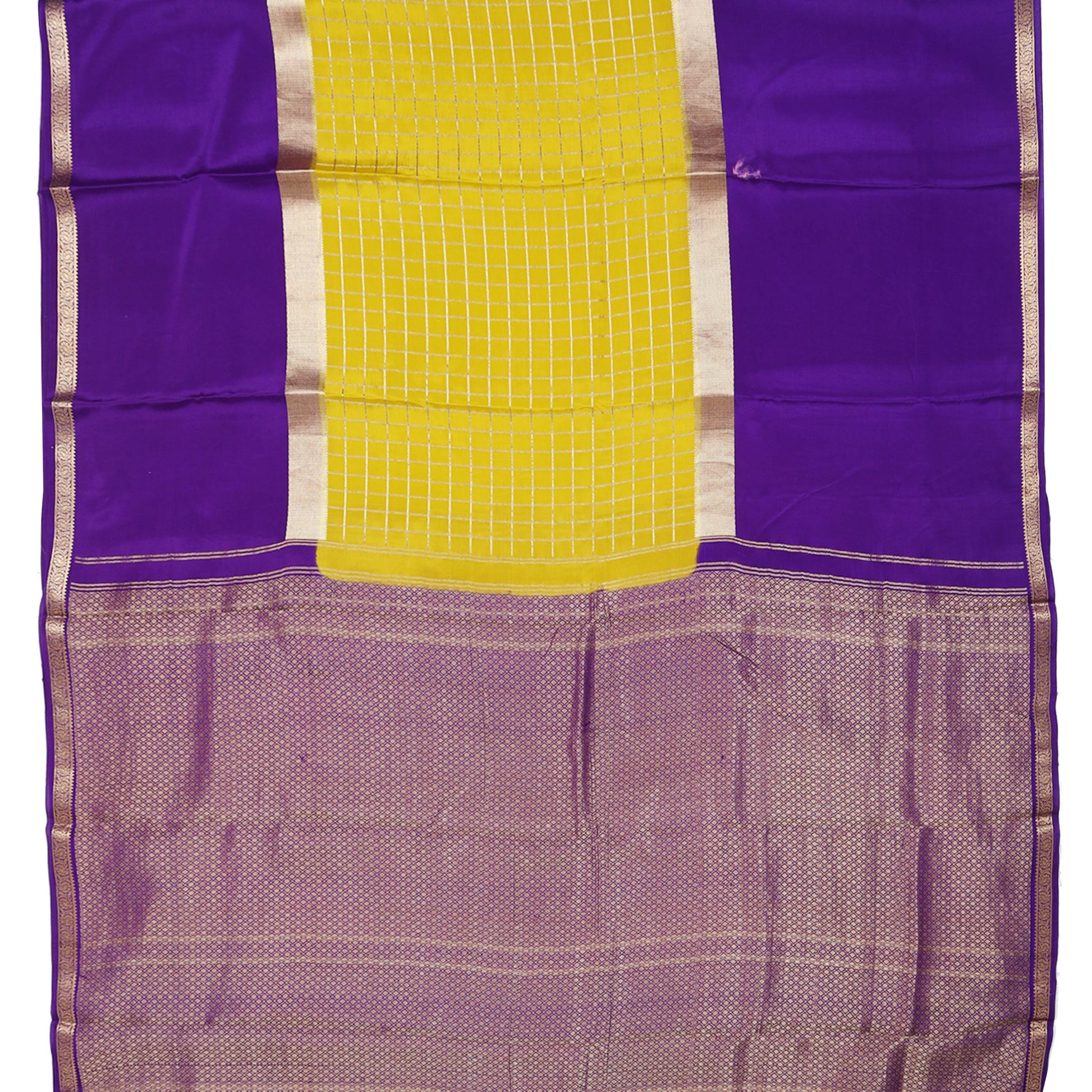 Purple and mustard yellow checkered Mysore crepe pure silk saree