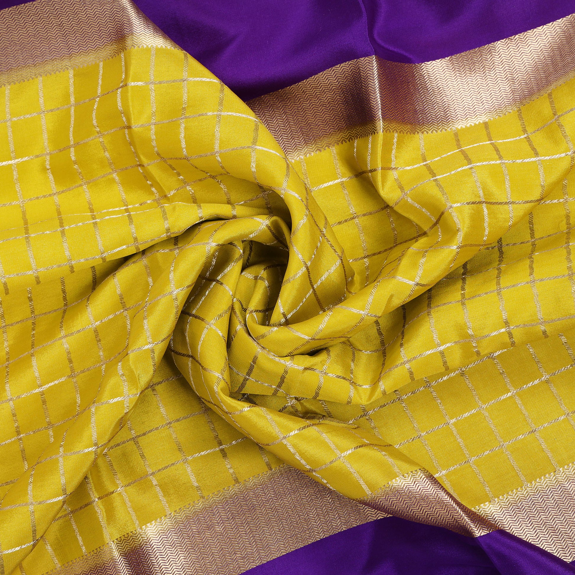 Purple and mustard yellow checkered Mysore crepe pure silk saree
