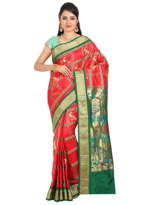Red and green Paithani pure silk saree with golden zari and peacock motif