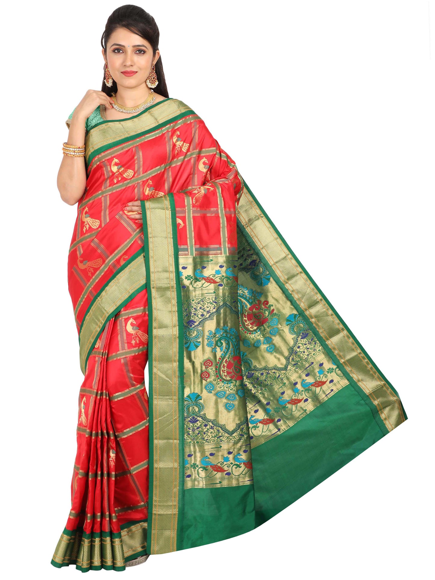 Red and green Paithani pure silk saree with golden zari and peacock motif