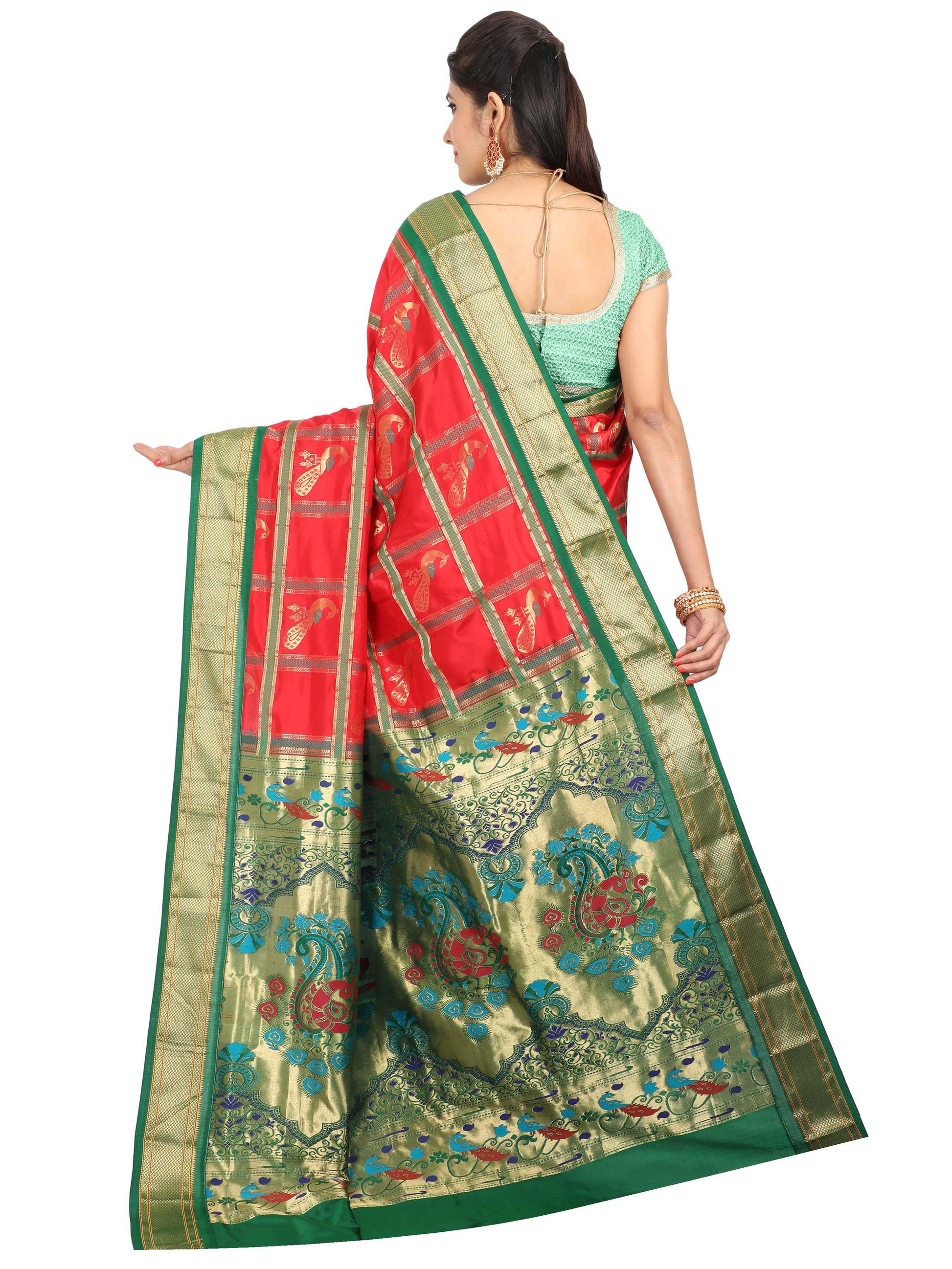 Red and green Paithani pure silk saree with golden zari and peacock motif