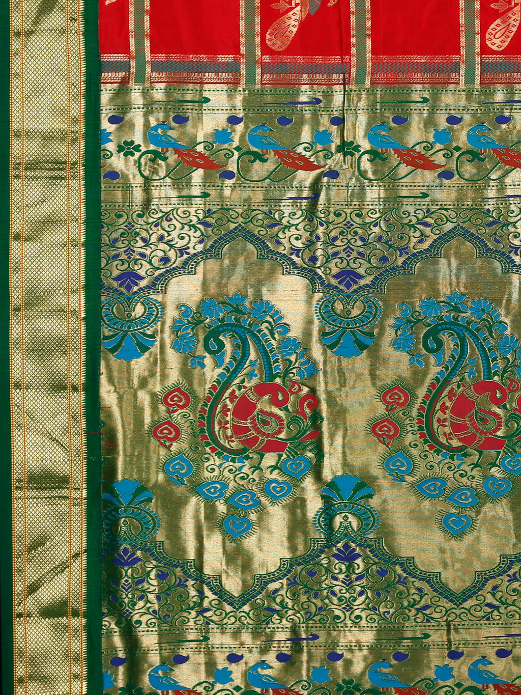 Red and green Paithani pure silk saree with golden zari and peacock motif