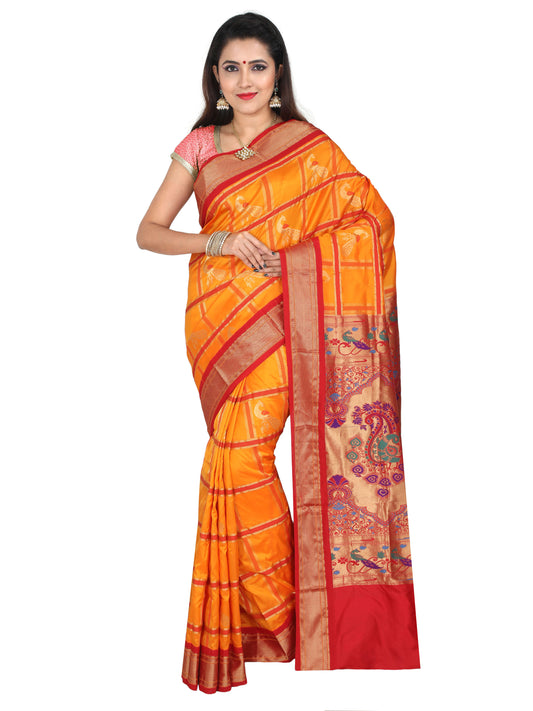 Orange and red Paithani pure silk saree with golden zari pallu and peacock motifs