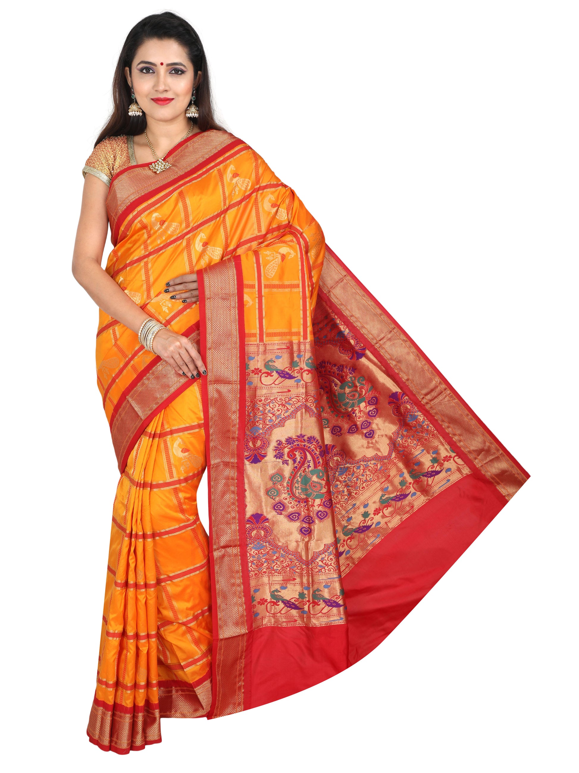 Orange and red Paithani pure silk saree with golden zari pallu and peacock motifs