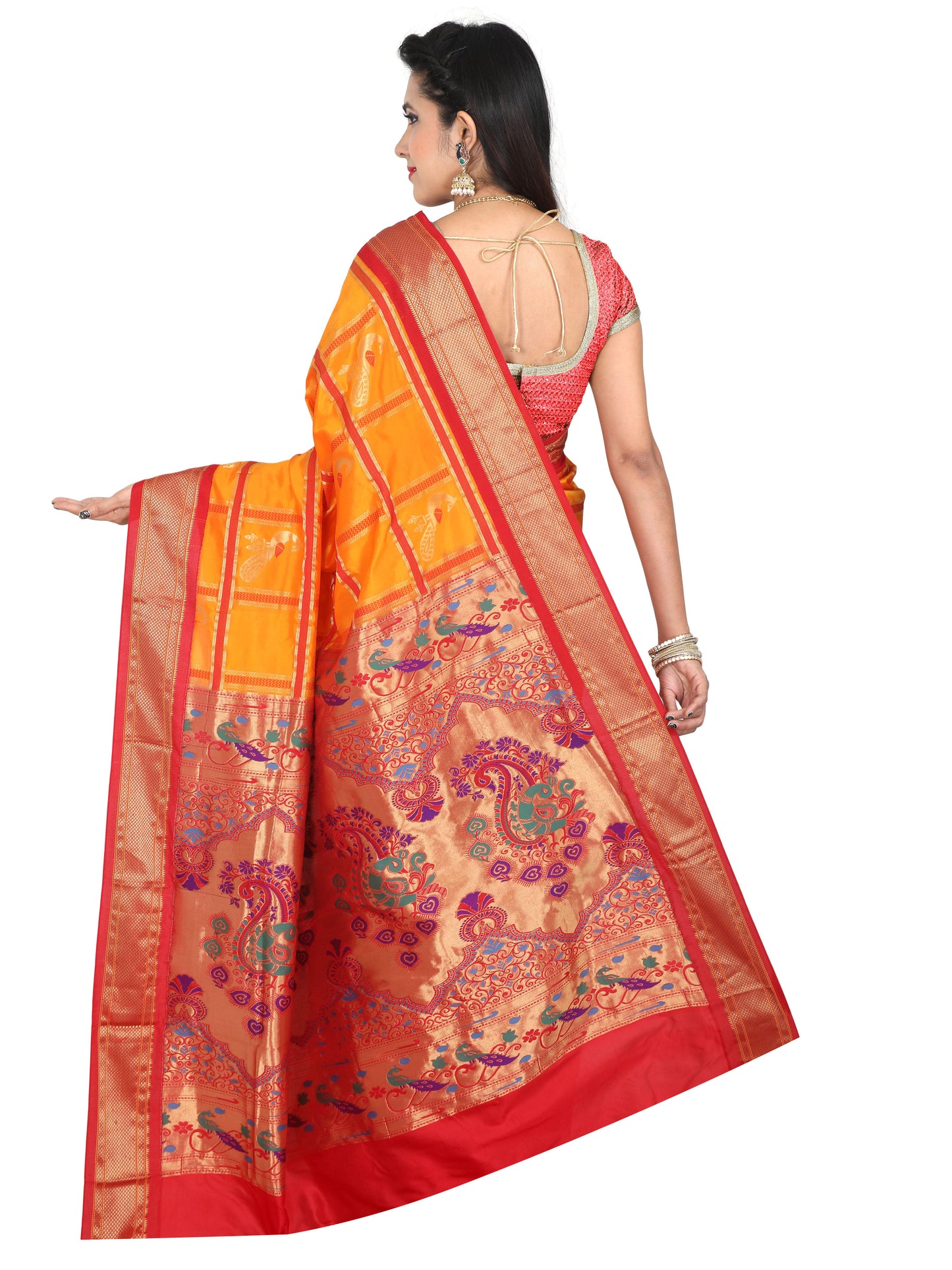 Orange and red Paithani pure silk saree with golden zari pallu and peacock motifs