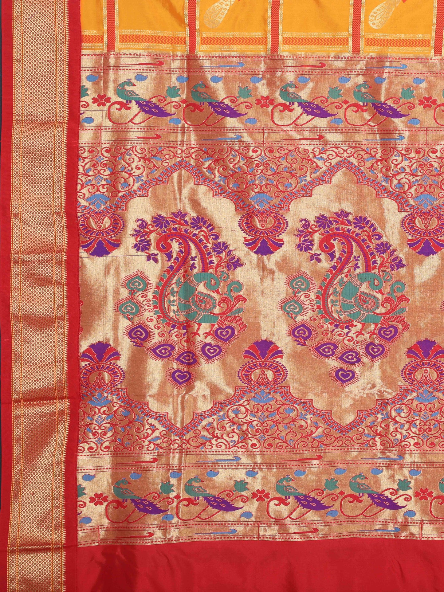 Orange and red Paithani pure silk saree with golden zari pallu and peacock motifs