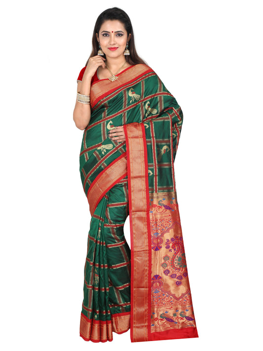 Green and red Paithani pure silk saree with golden zari pallu and peacock motifs