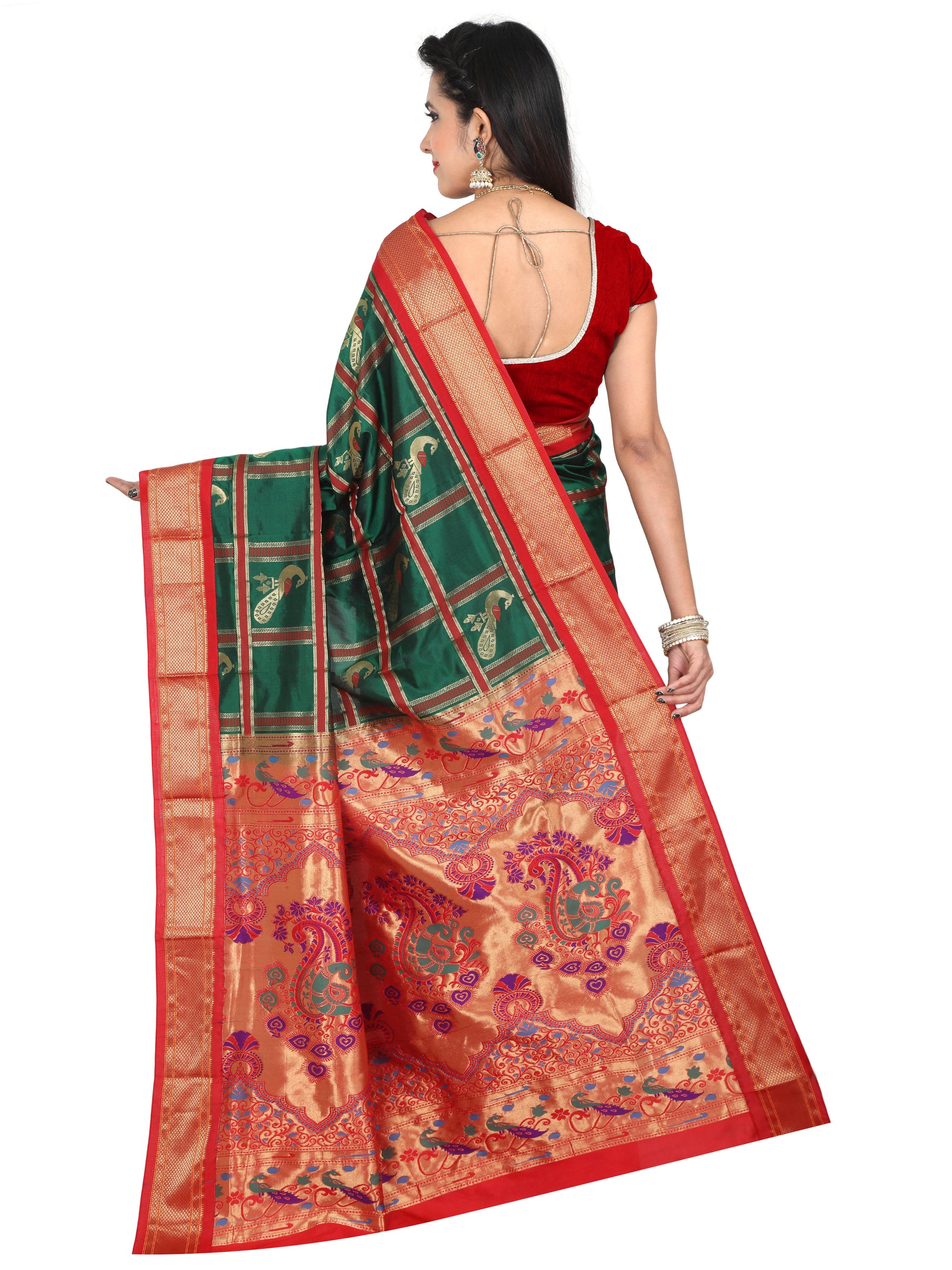 Green and red Paithani pure silk saree with golden zari pallu and peacock motifs