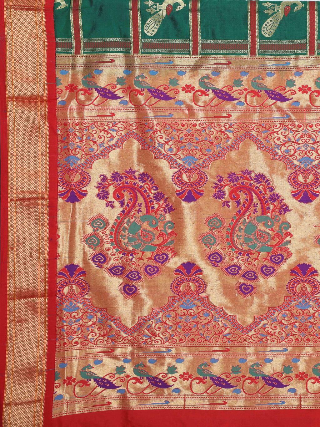 Green and red Paithani pure silk saree with golden zari pallu and peacock motifs