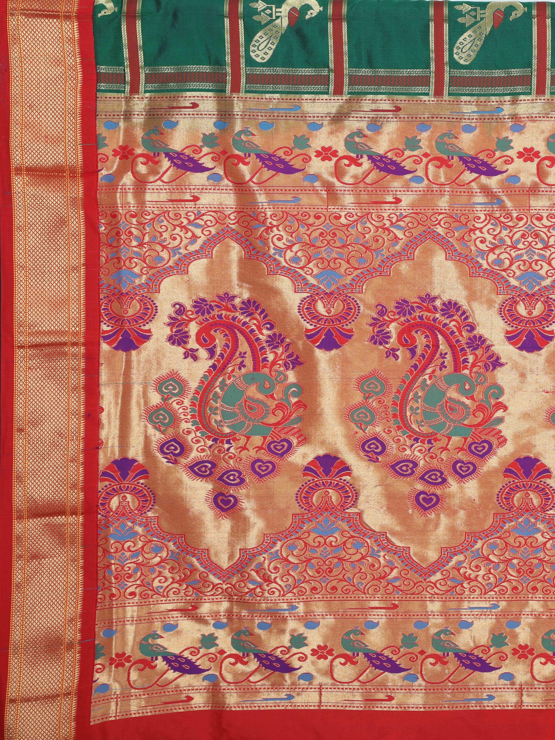 Green and red Paithani pure silk saree with golden zari pallu and peacock motifs