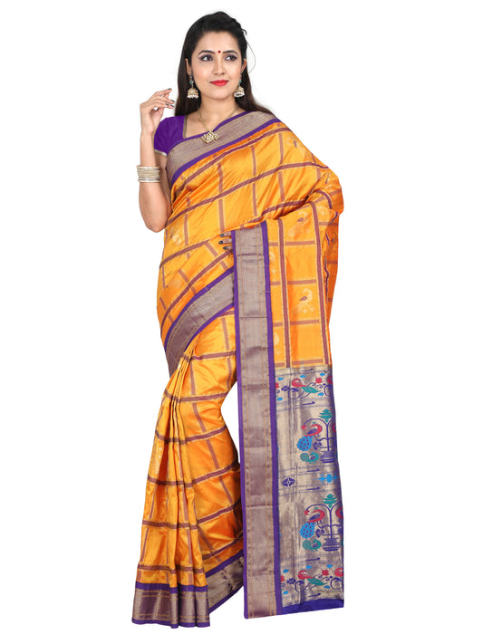 Yellow and purple Paithani pure silk saree with zari pallu and peacock motifs