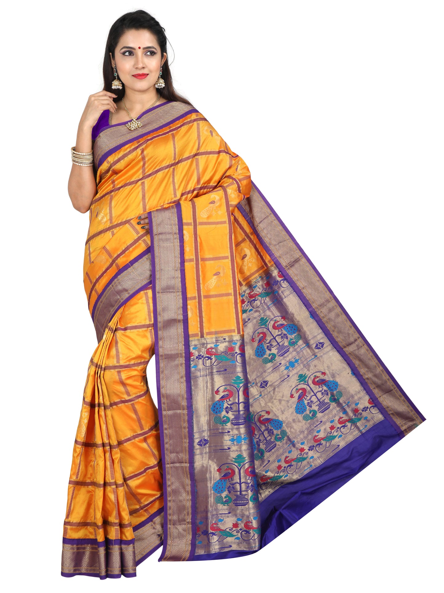 Yellow and purple Paithani pure silk saree with zari pallu and peacock motifs
