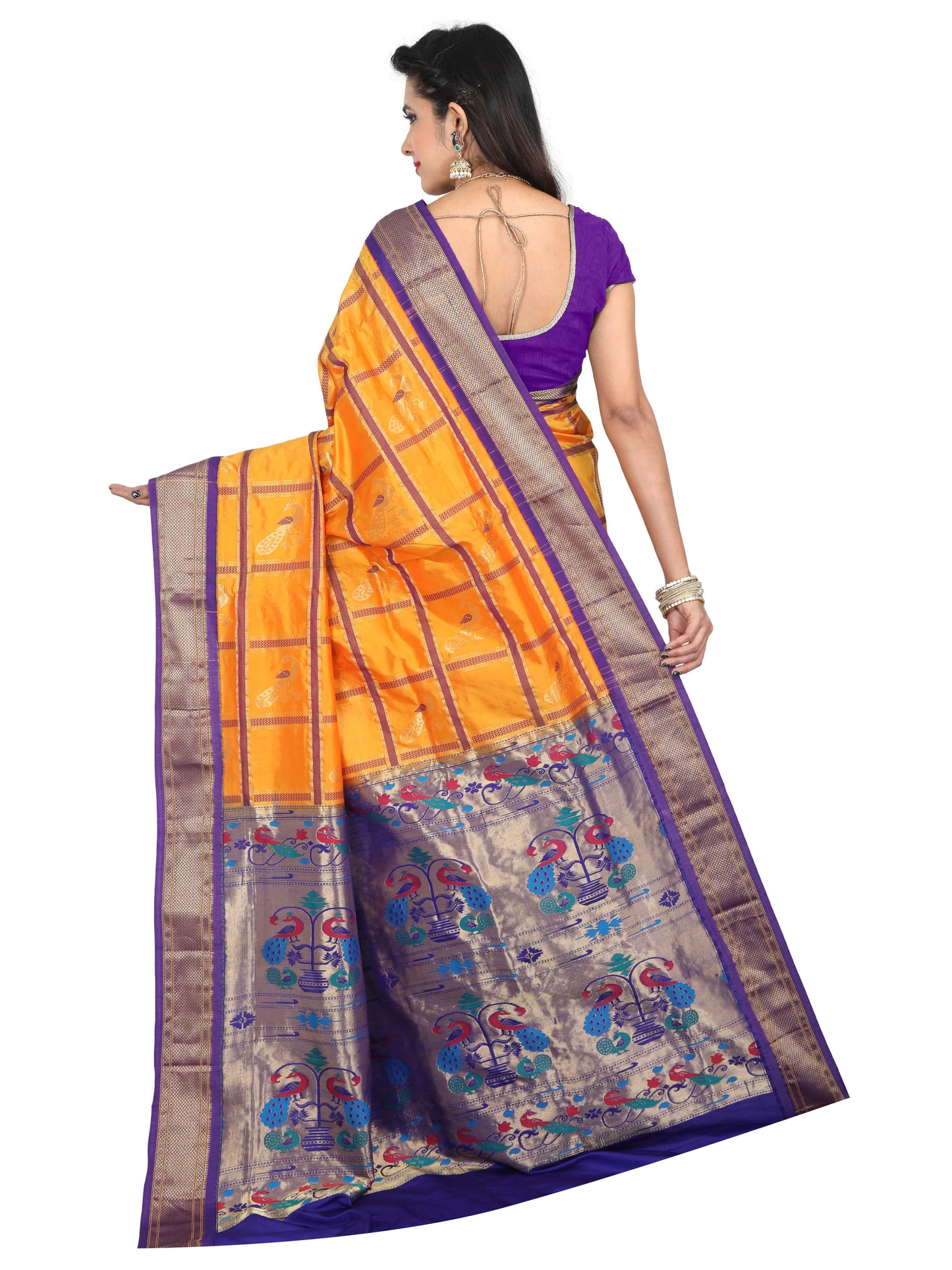 Yellow and purple Paithani pure silk saree with zari pallu and peacock motifs