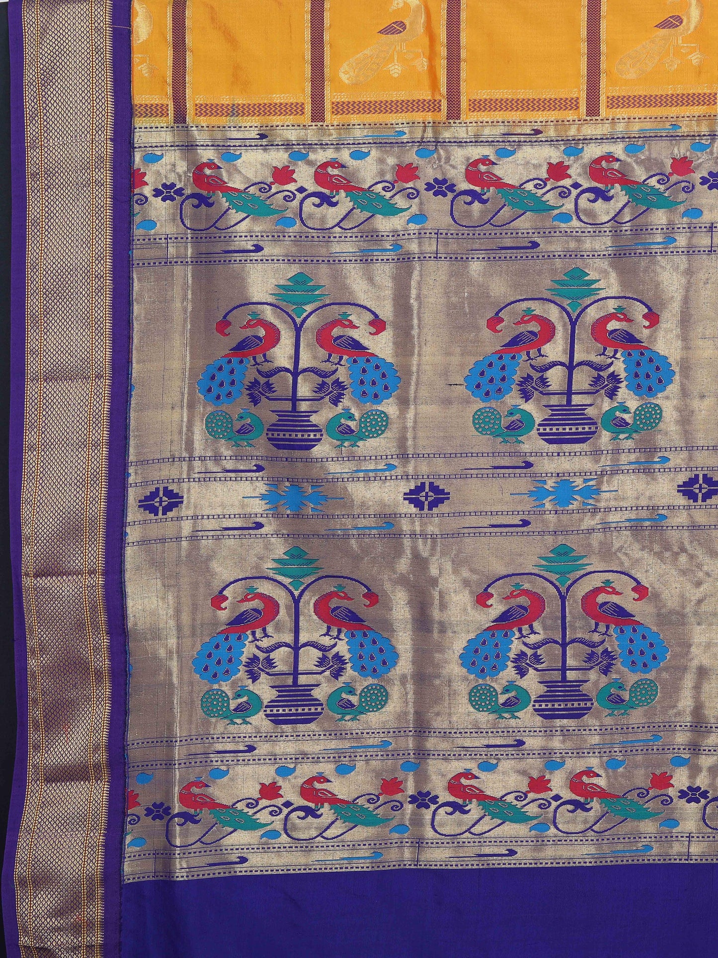 Yellow and purple Paithani pure silk saree with zari pallu and peacock motifs
