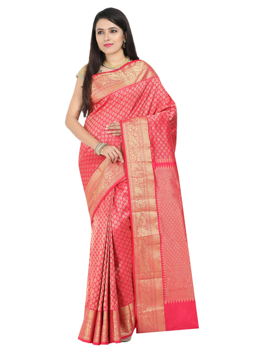 Pink Kanchipuram style silk blend saree with golden zari work