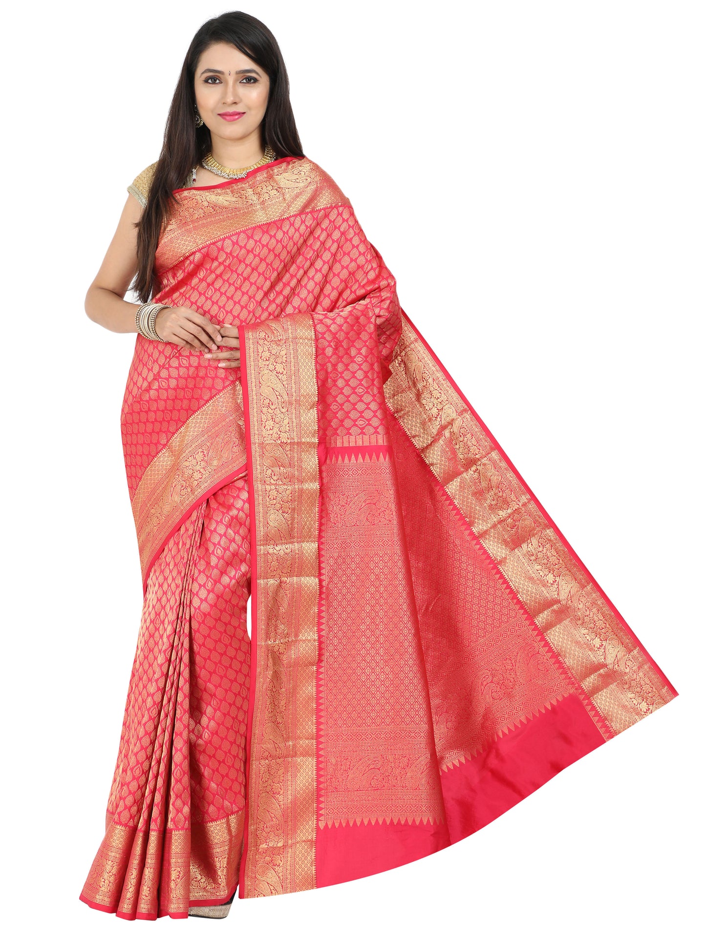 Pink Kanchipuram style silk blend saree with golden zari work